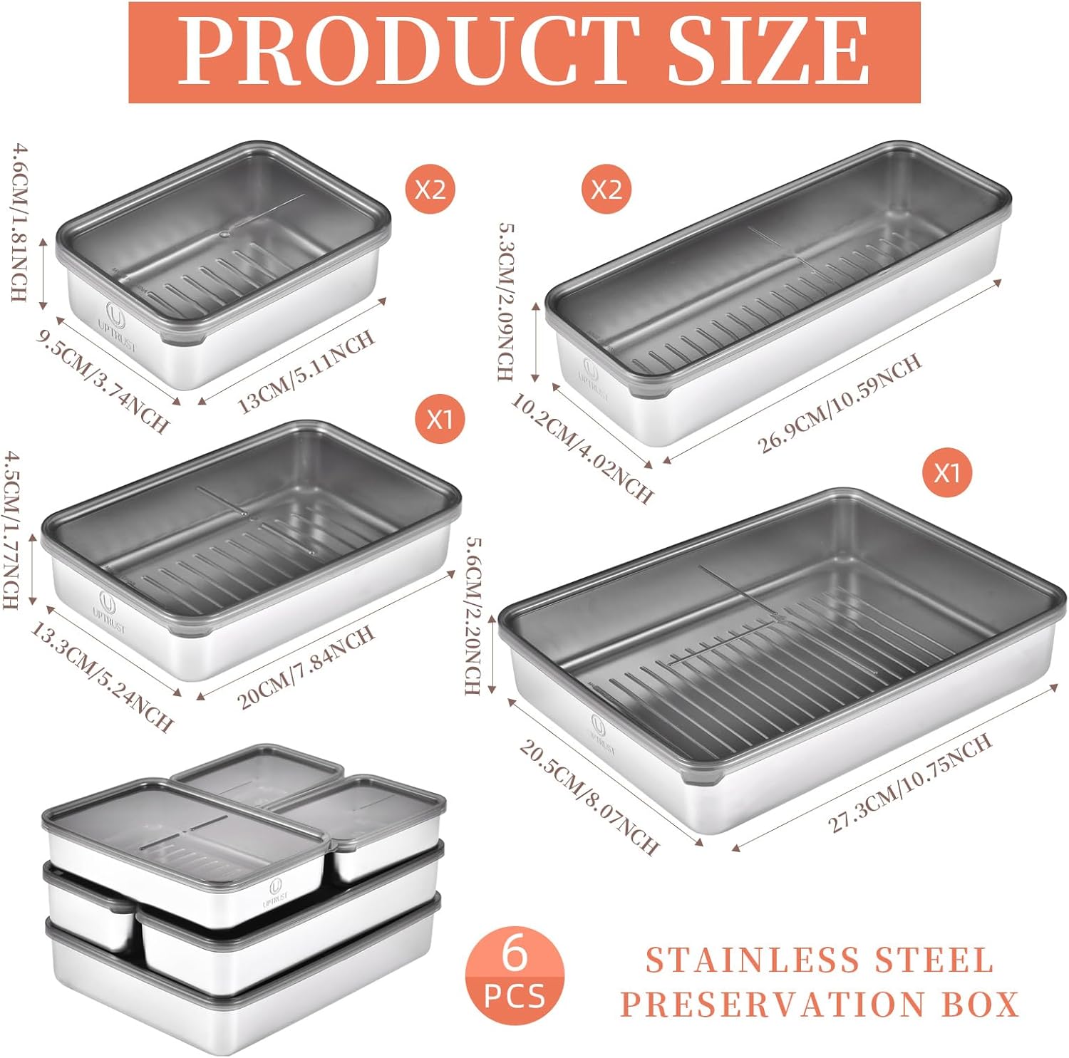 UPTRUST 6 Pack Bacon Cheese Container for Refrigerator, Stainless Steel Meat Container, Dishwasher Safe Storage Containers with Lids for Fridge, 4 Sizes