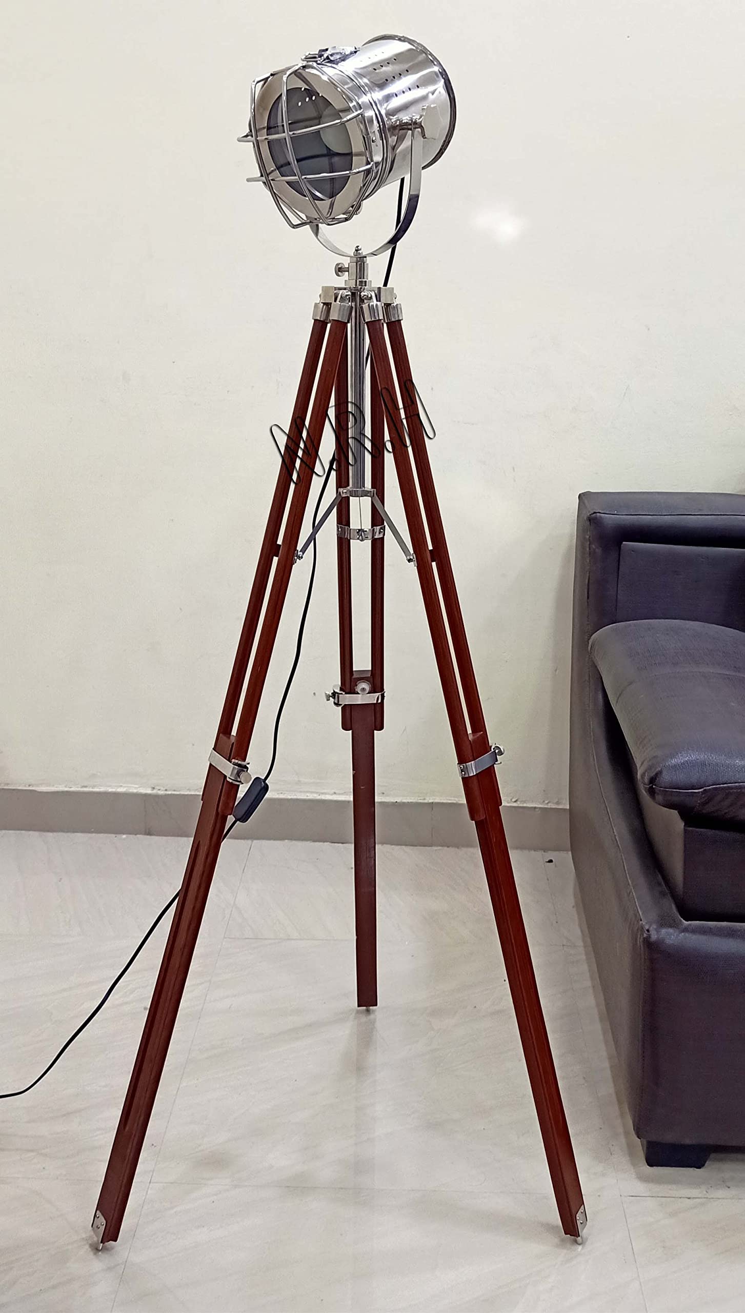 Nautical Spot Light Steel Searchlight Studio Tripod Floor Lamp Chrome & Brown Finish
