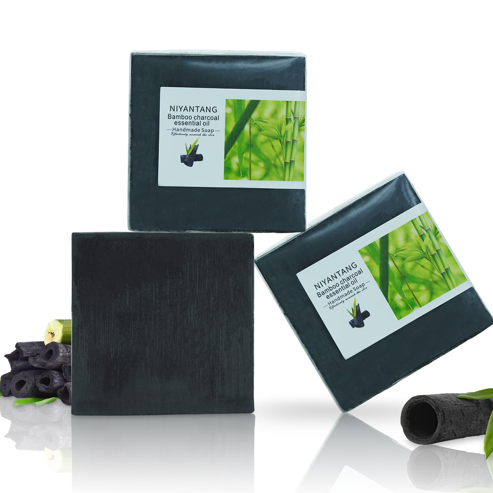 3 Pack Natural Activated Charcoal Soap Bar Black Soap for Face & Body Cleanse, Handmade Bamboo Charcoal Soap with Coconut Oil, Gentle Cleanser Soap for Men Women All Skin Types