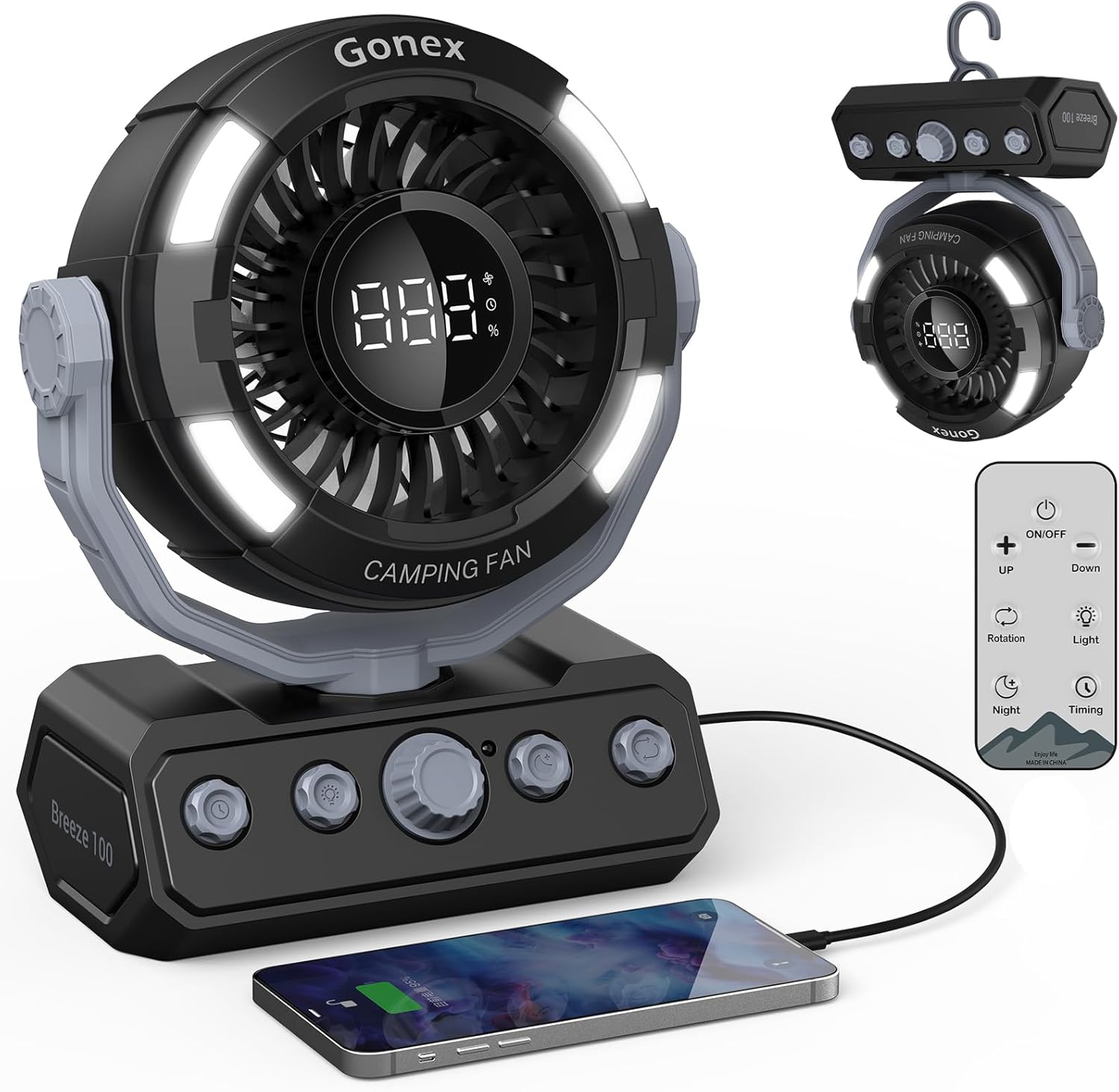 Gonex Camping Fan, Portable Tent Fan Rechargeable 20000mAh Battery Powered Variable Speed Control Desk Fan with Light & Remote for Hanging, Camping, Travel, Bedroom, Home, Fishing, Jobsite – Black Gonex Camping Fan, Portable Tent Fan Rechargeable 20000mAh Battery Powered Variable Speed Control Desk Fan with Light & Remote for Hanging, Camping, Travel, Bedroom, Home, Fishing, Jobsite – Black