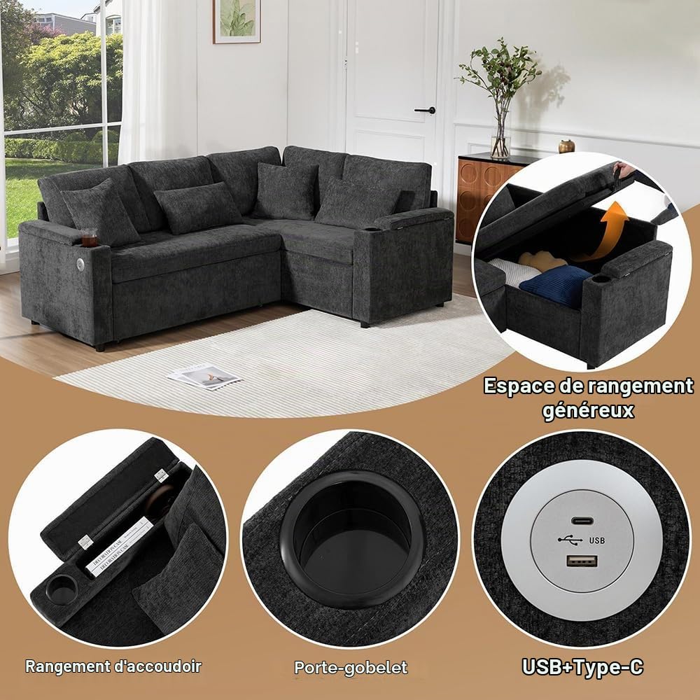 Sweiko Canapé d'angle Convertible en L avec Compartiment de Rangement, Porte-gobelets, Ports de Recharge USB, tablettes d'accoudoirs et Quatre Coussins, adapté aux Salons (Dark Gray)