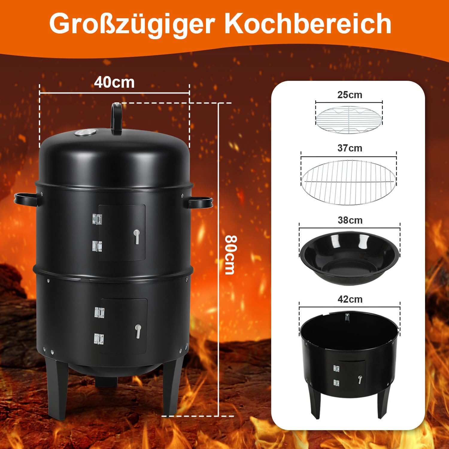 Horno para ahumar 3 en 1 para ahumar, barbacoa para ahumar, asar y cocinar, barbacoa de carbón vegetal con termómetro, tapa y asa, 2 niveles de diámetro 40 × 80 cm, para jardín, balcón y