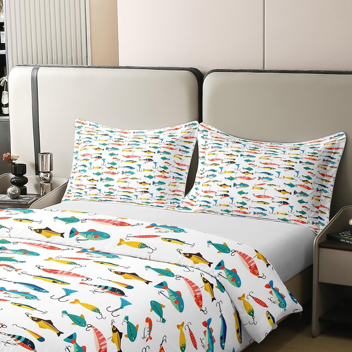 Fish Cotton Duvet Cover Set Full Size Cute Fish Bait Bedding Set for Kids Boys Girls Colorful Fishing Hooks Comforter Cover Set Nature Fishing Theme Bedspread Cover Room Decor 3Pcs with 2 Pillow Case