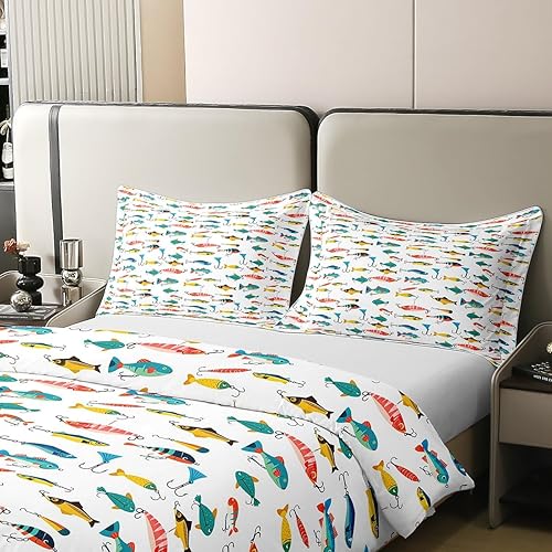 Miniatura 4 de Juego de funda de edredón de algodón con diseño de pescado, tamaño matrimonial, lindo juego de ropa de cama con cebo de pescado para niños y niñas,