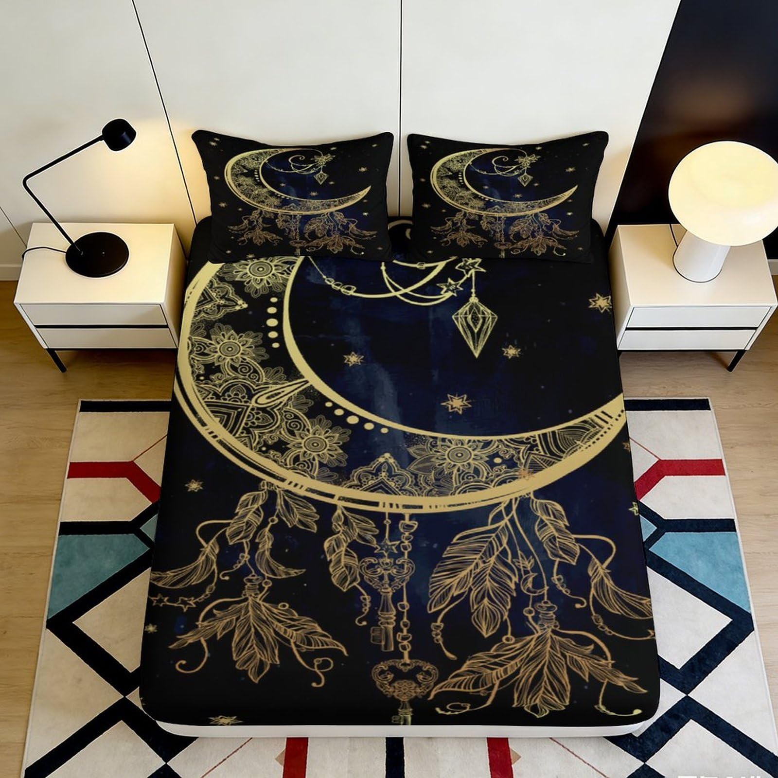 3D Printed Golden Moon Dreamcatcher Fitted Sheet Microfiber Soft Bed Sheet for Bedroom Dorm Mattress Decor 90x200x25cm