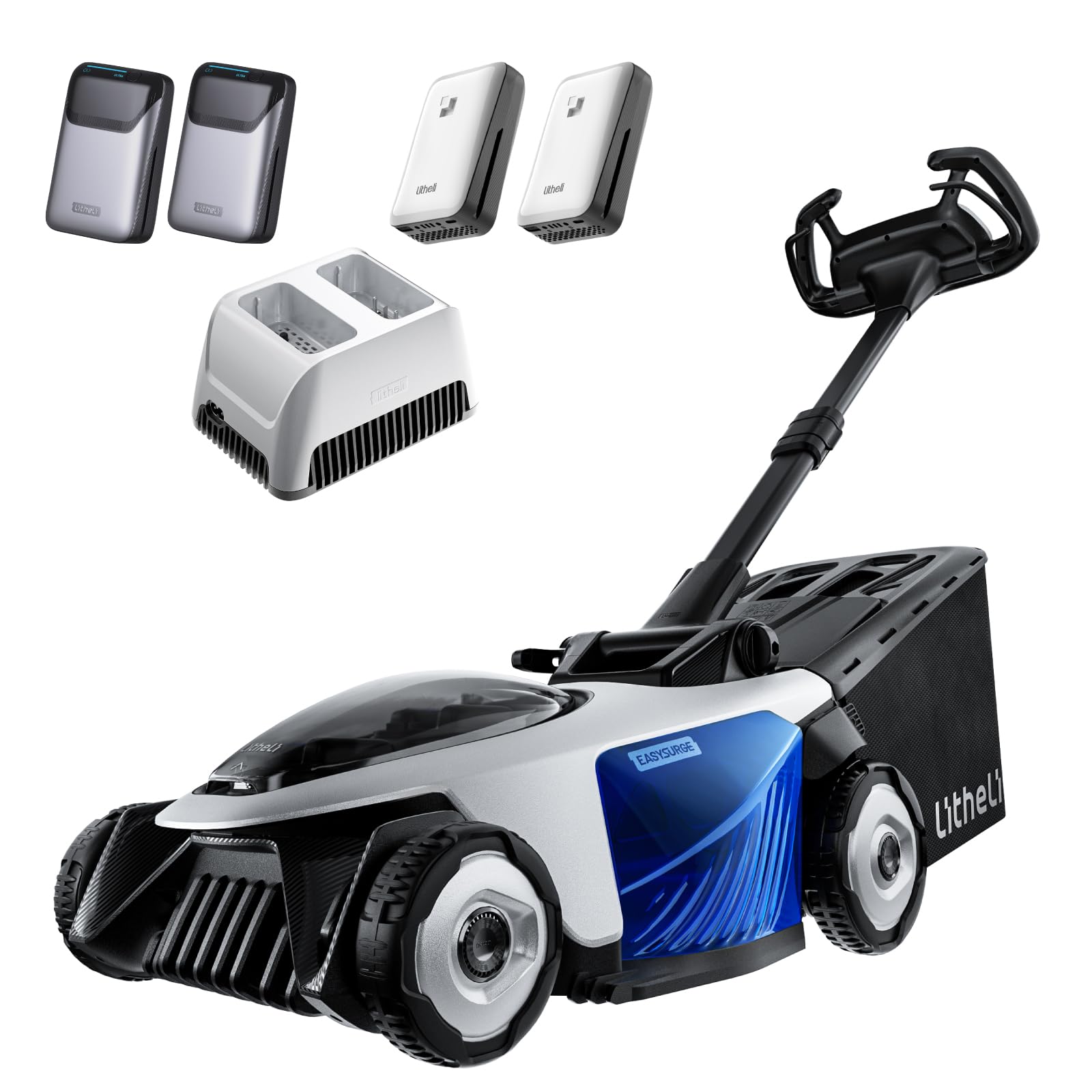 Litheli Easysurge Tondeuse à Gazon sans Fil 43cm, Autopropulsée (2,2-4,7 km/h), Bac 50L, 25-75 mm, Tondeuse à Gazon Batterie avec 4X 20V Batteries 4.0Ah et Chargeur