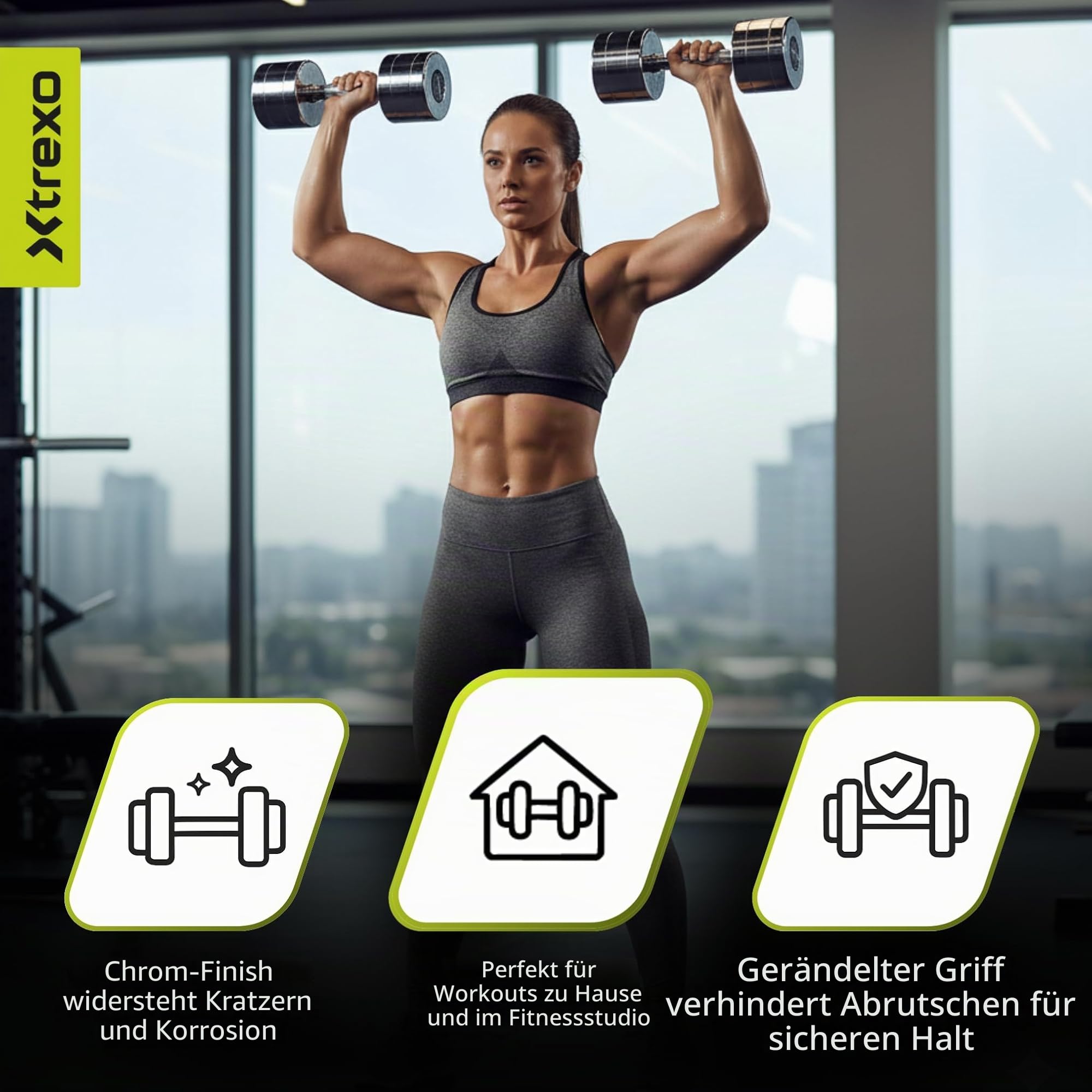 XTREXO Verchromte Kurzhanteln Set – 2er Paar (2.5–12 kg) – Stahlhanteln mit rutschfestem Griff, Chromoberfläche, Robust & Langlebig – Ideal für Krafttraining Zuhause und Fitnessstudio