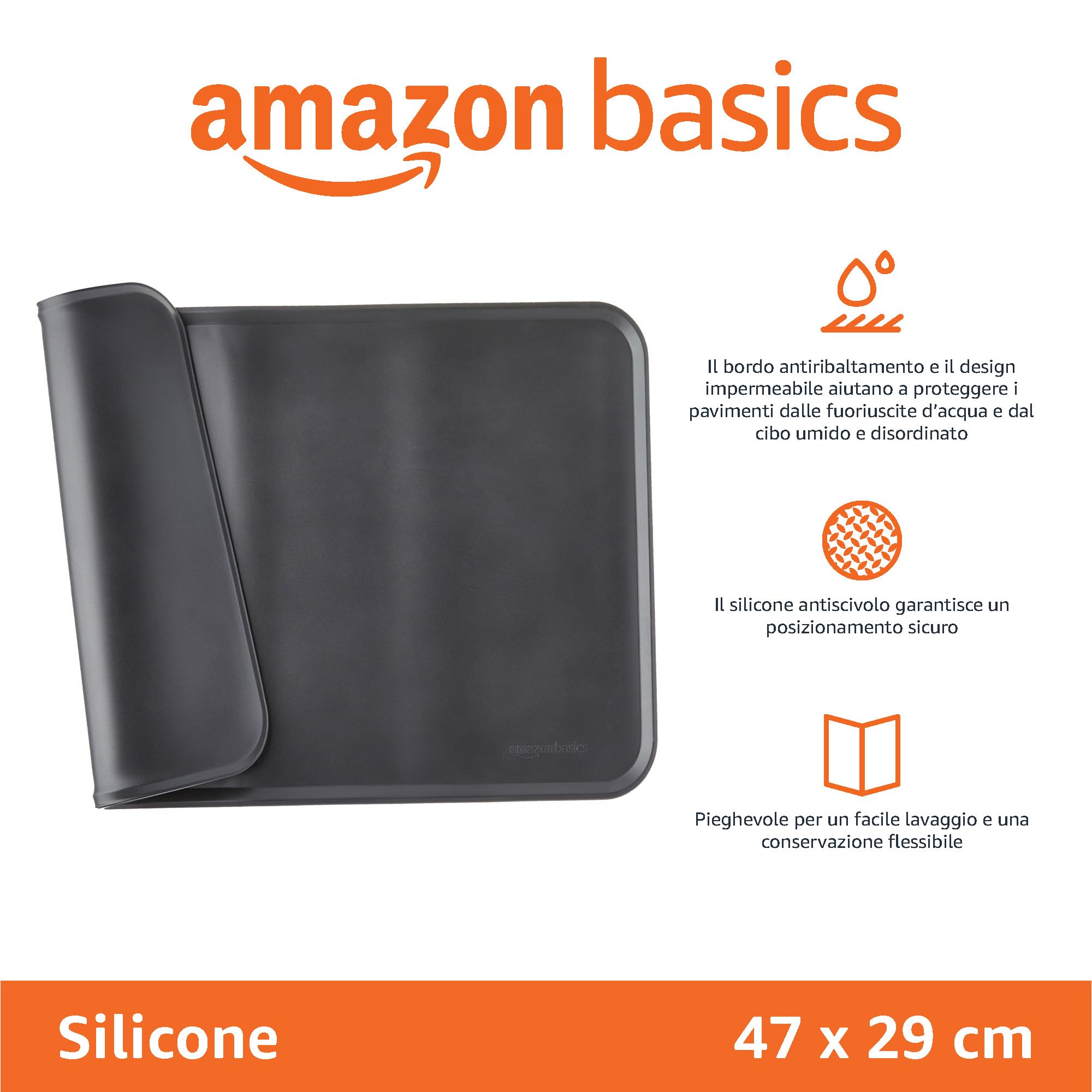 Amazon Basics, tappetino sottociotola per animali domestici, impermeabile, in silicone - 47 x 29 cm, Nero, Tinta unita