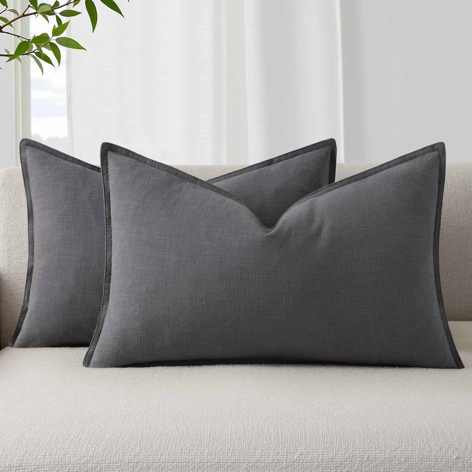 decorUhome Fall Dark Grey Linen Throw Pillow Covers 12x20 Set of 2