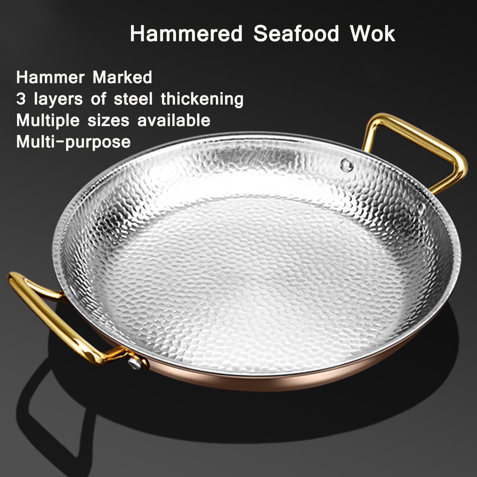 SVRITE Paellera de acero inoxidable martillada a mano de 16 a 36 cm, antiadherente, doble asa, wok, tradicional mariscos, España, plato para servir filetes para el hogar, cocina, restaurantes (22 cm