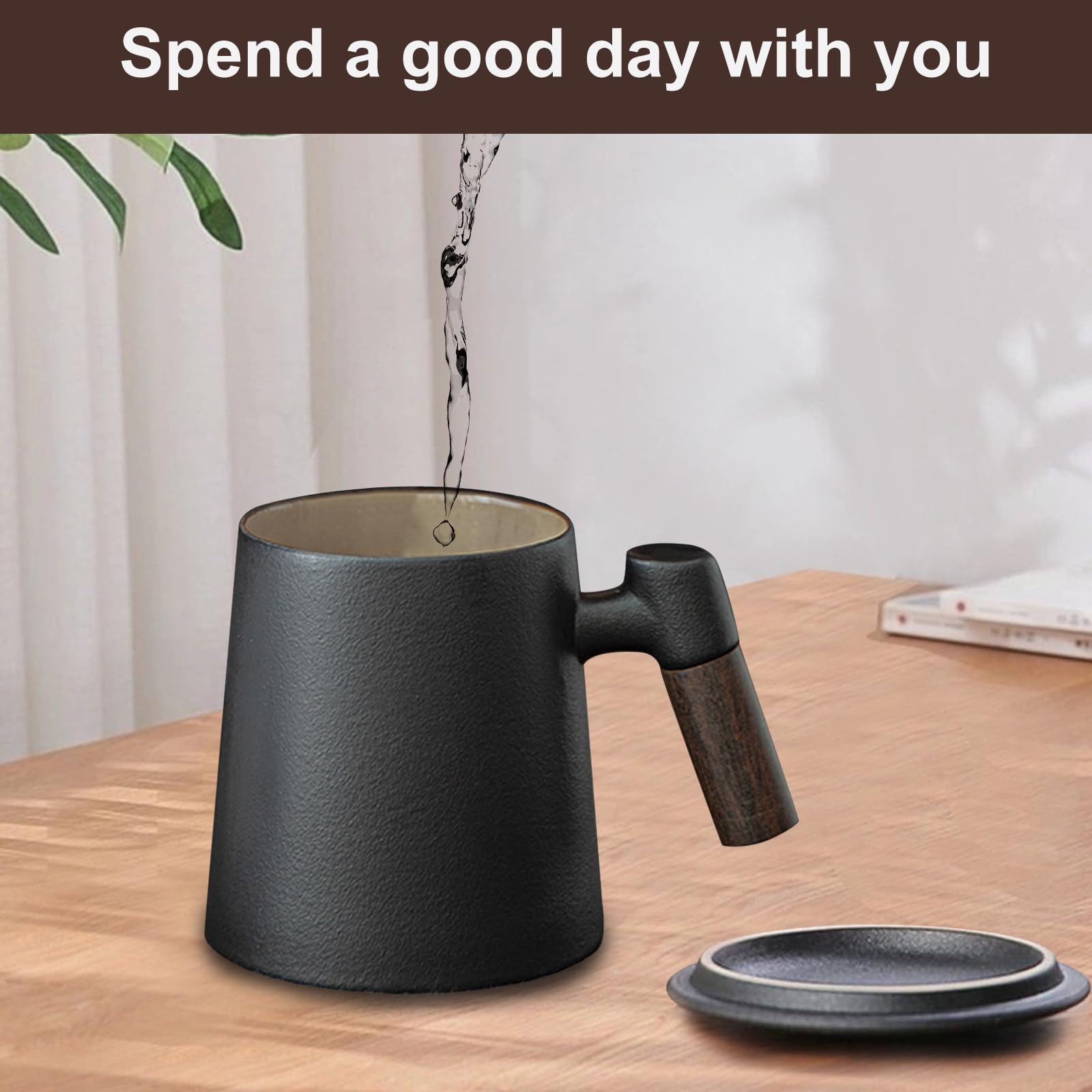 Qivine Keramik Teetasse mit Deckel und Sieb, 400ml Tee Tasse mit Holzgriff, Japanische Teetassen für Losen Tee, Geschenke für Teeliebhaber (Schwarz)