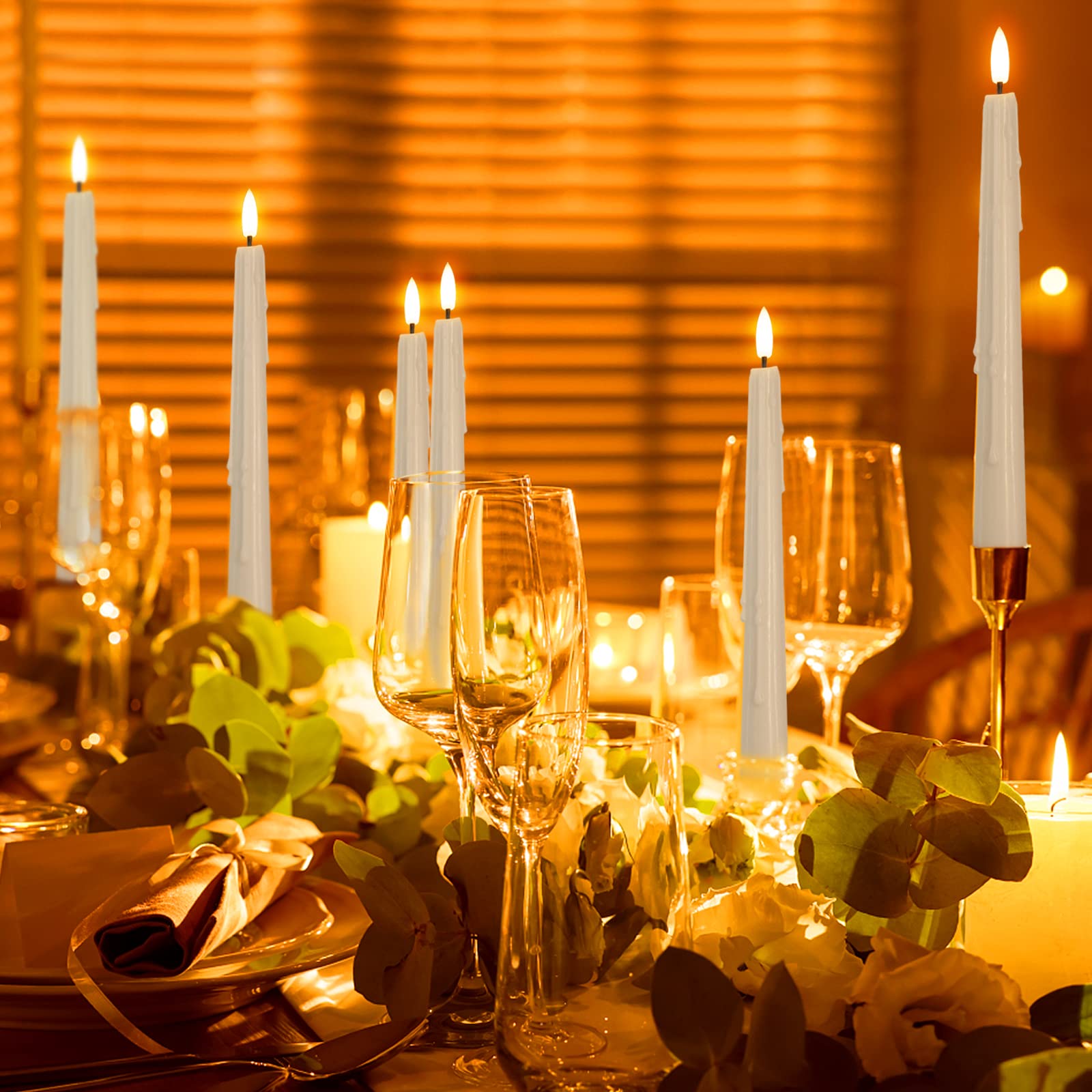 Yongmao Real Wax Flameless Taper Candles with Remote, 9.6 Inches LED Window Candles 3D Wick Flickering Battery Operated Candles, Wax Drip, Set of 6 for Christmas Home Wedding Decor (White)