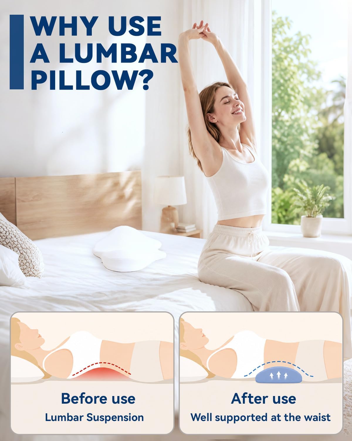 SMDR Low Lumbar Support Pillow for Bed, Soft Memory Foam for Lower Back Pain Relief, Flexible Support Cushion for Sleeping, Lumbar Support for Side & Back Sleepers, Removable Washable Cover