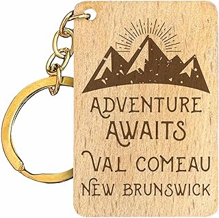 R and R Imports Val Comeau New Brunswick Souvenir Rectangle Engraved Wooden Keychain Adventure Awaits