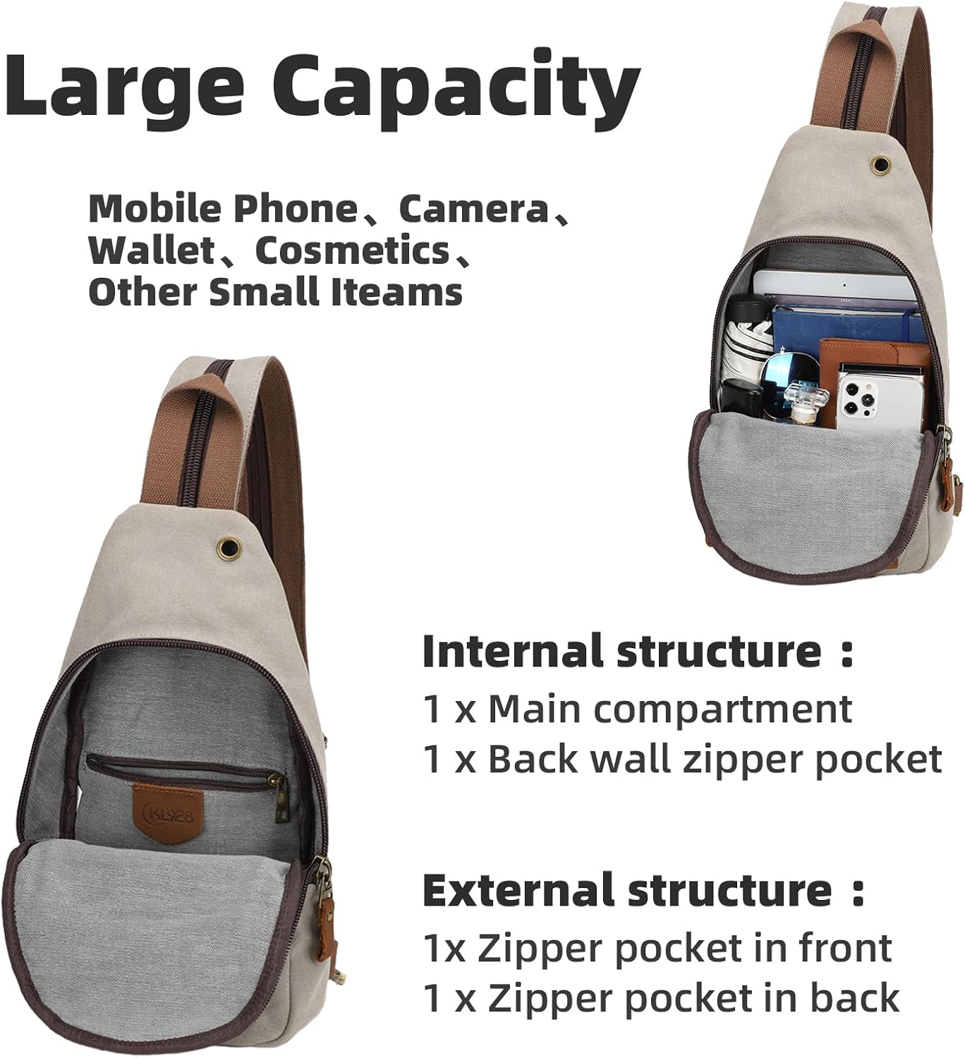 KL928 Canvas Sling Bag Crossbody Backpack Shoulder Casual Rucksack for Men Women,Leaden