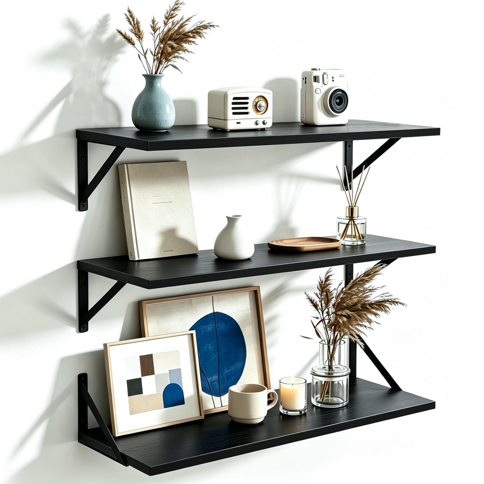 Black Long Shelves for Wall 60 x 20cm, Bedroom Wooden Book Shelf 3pc