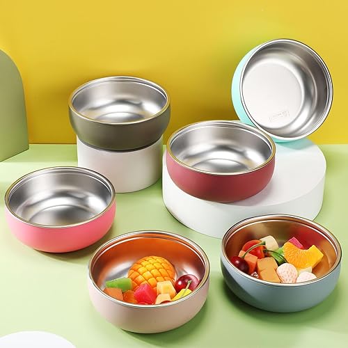 Vista 3 de Nuogo 6 cuencos de acero inoxidable 304 para bebés con carcasa de silicona extraíble para niños pequeños, recipiente antiquemaduras para Color suave