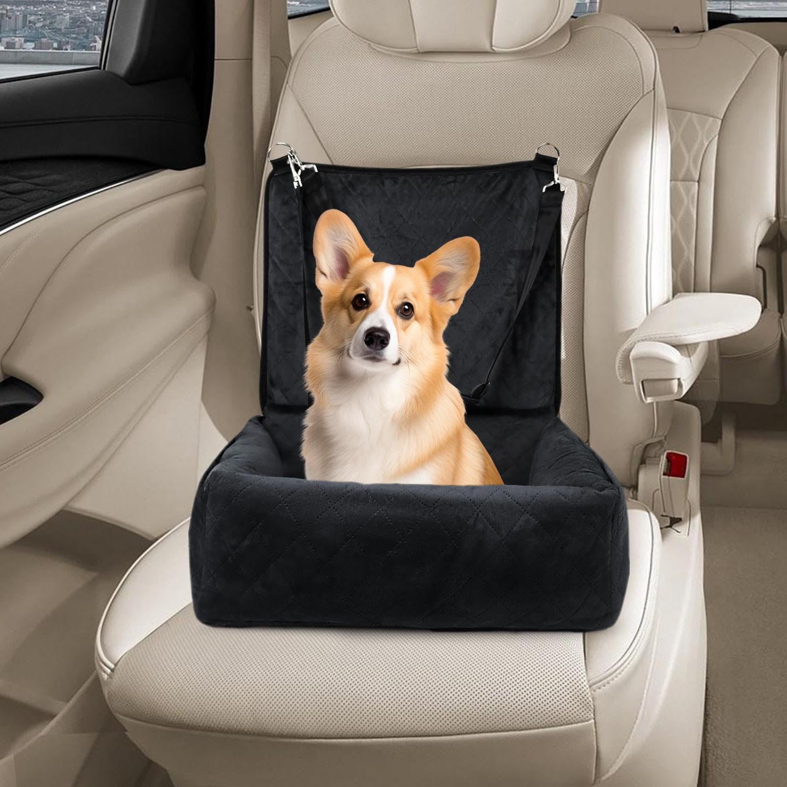 Seggiolino auto per cani – Ventilato 2 tasche laterali | sedile per animali domestici, cuscino di sicurezza per cuccioli – per sedile anteriore e posteriore, viaggi su strada, viaggi