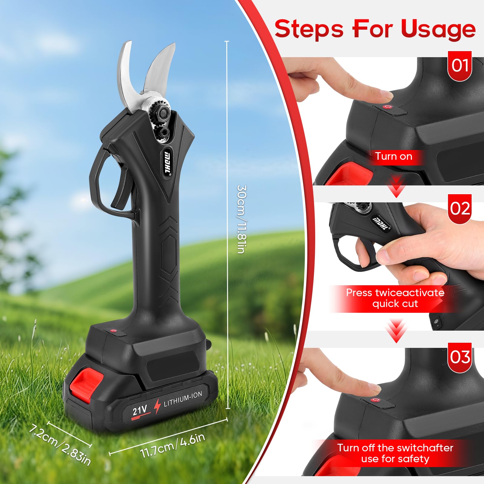 Akku Astschere, Kabellose Elektroschere 35 mm Schneiddurchmesser, Professionelle Gartenschere mit 2 Wiederaufladbaren 21V 2000mAh Akkus LCD-Display zum Beschneiden von Bäumen Sträuchern Obstbäumen