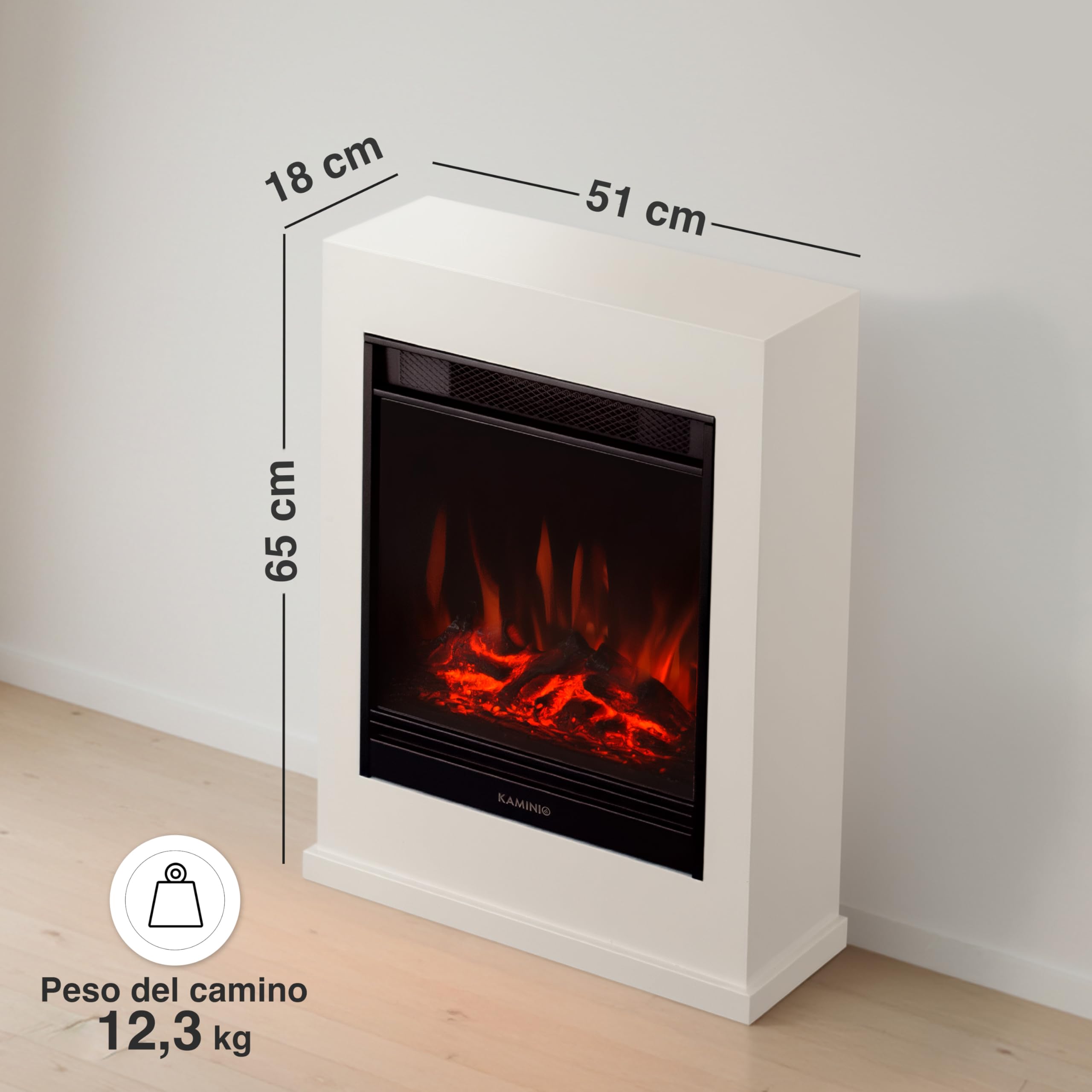 KAMINIO Camino elettrico Kalle - Caminetto elettrico a pavimento con riscaldamento, effetto fiamma 3D, telecomando (Bianco)