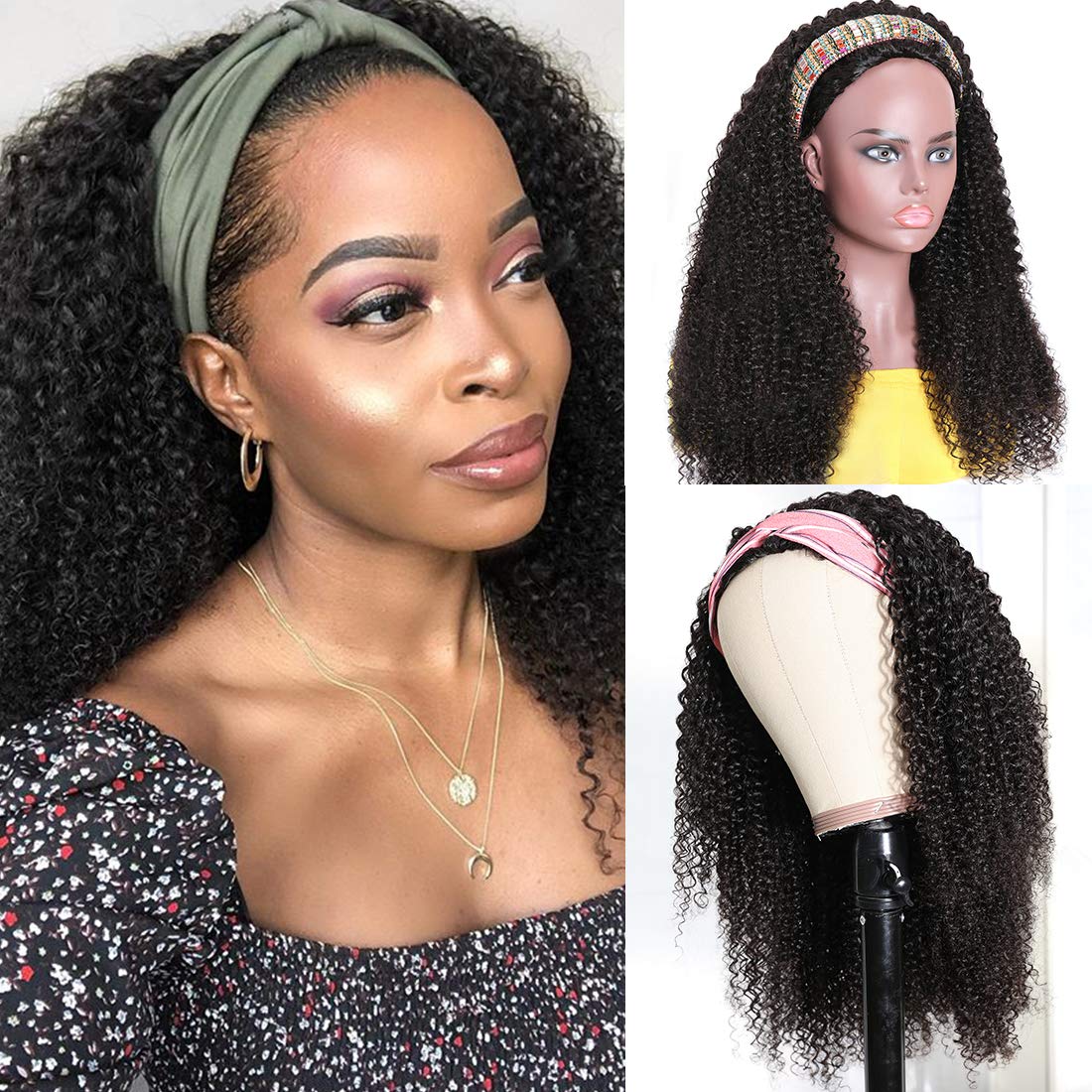 Nadula Hair 10A Afro Malaysian Kinky Curly Human Hair Half Wig WEAR WITH OR WITHOUT Headband For Women, 100% Virgin Human Hair Headband Curly 3/4 Half Wigs Gluless 150% Density Natural Color (18inch)