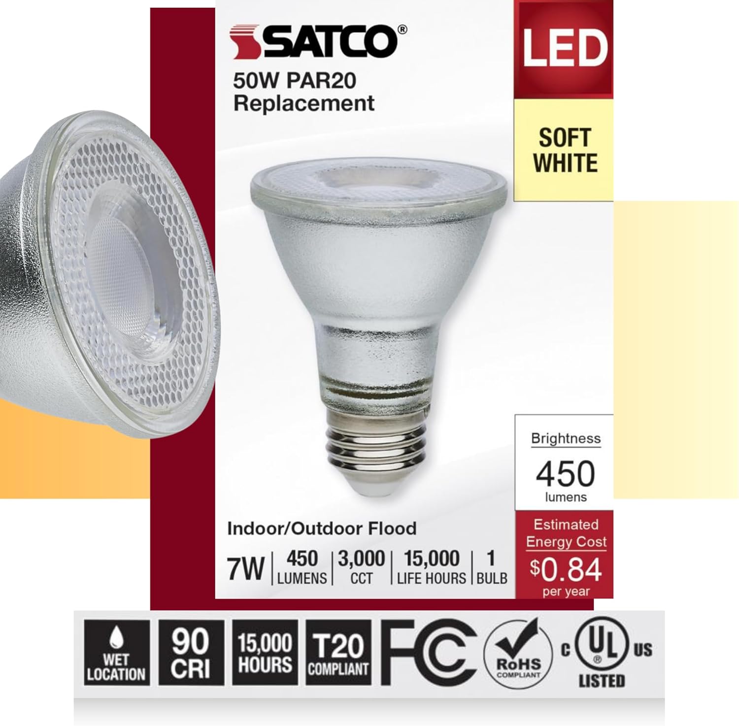 Satco S11494 7 Watt LED PAR20 Light Bulb; 3000K Soft White; 35 Degree Beam Angle; E26 Medium Base; 120-277 Volt; Silver Finish Wet Location (6 Pack)