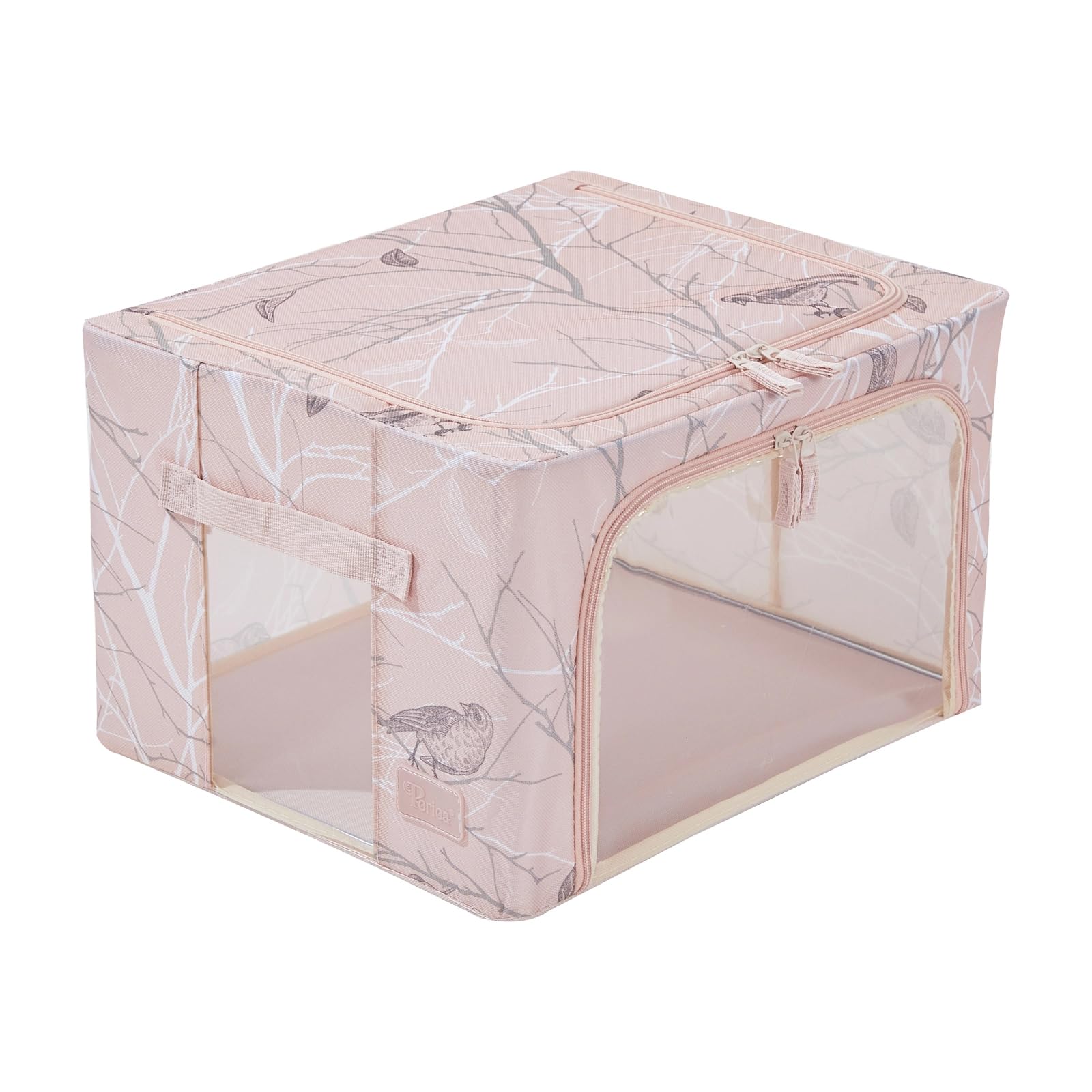 Periea Blush Birds ‘Beau’ Folding Collapsible Stackable Fabric Home Storage Boxes With Steel Frames (, Small)