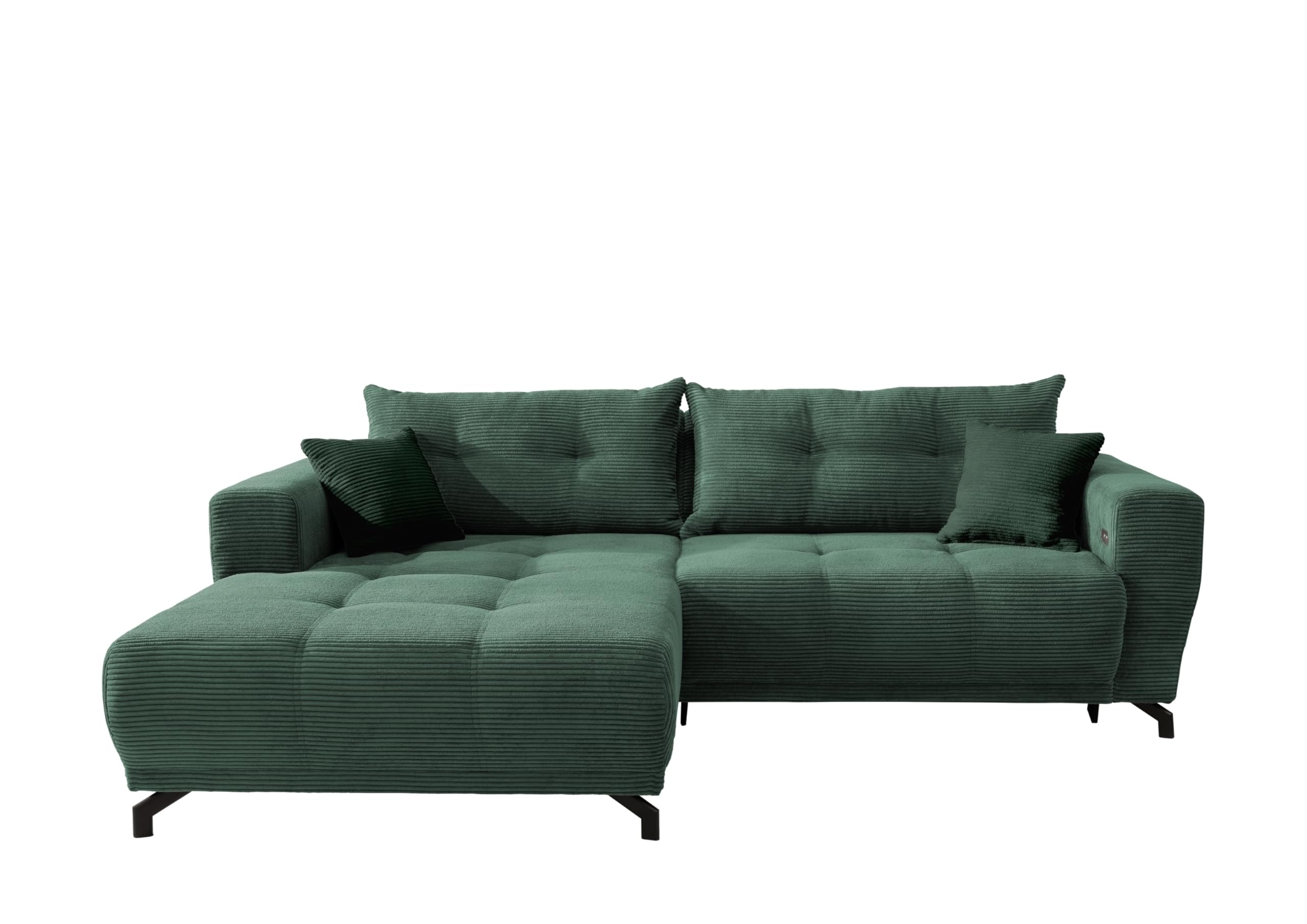 möbelando freiraum Sofa Renard – Moderne Polsterecke mit elektrischer Sitztiefenverstellung, 177 cm, Cord Moosgrün, inkl. 2 Kissen, Liegefläche 200x93 cm