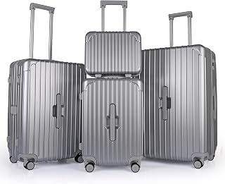 Lightweight 3-Piece Luggage Set: Cabin, Medium & Large Suitcases with TSA Lock, Cupholder, Wet/Dry Divider, Durable PC+ABS Hard Shell (Metallic Silver, 4 Pcs: Vanity + S + M + L)