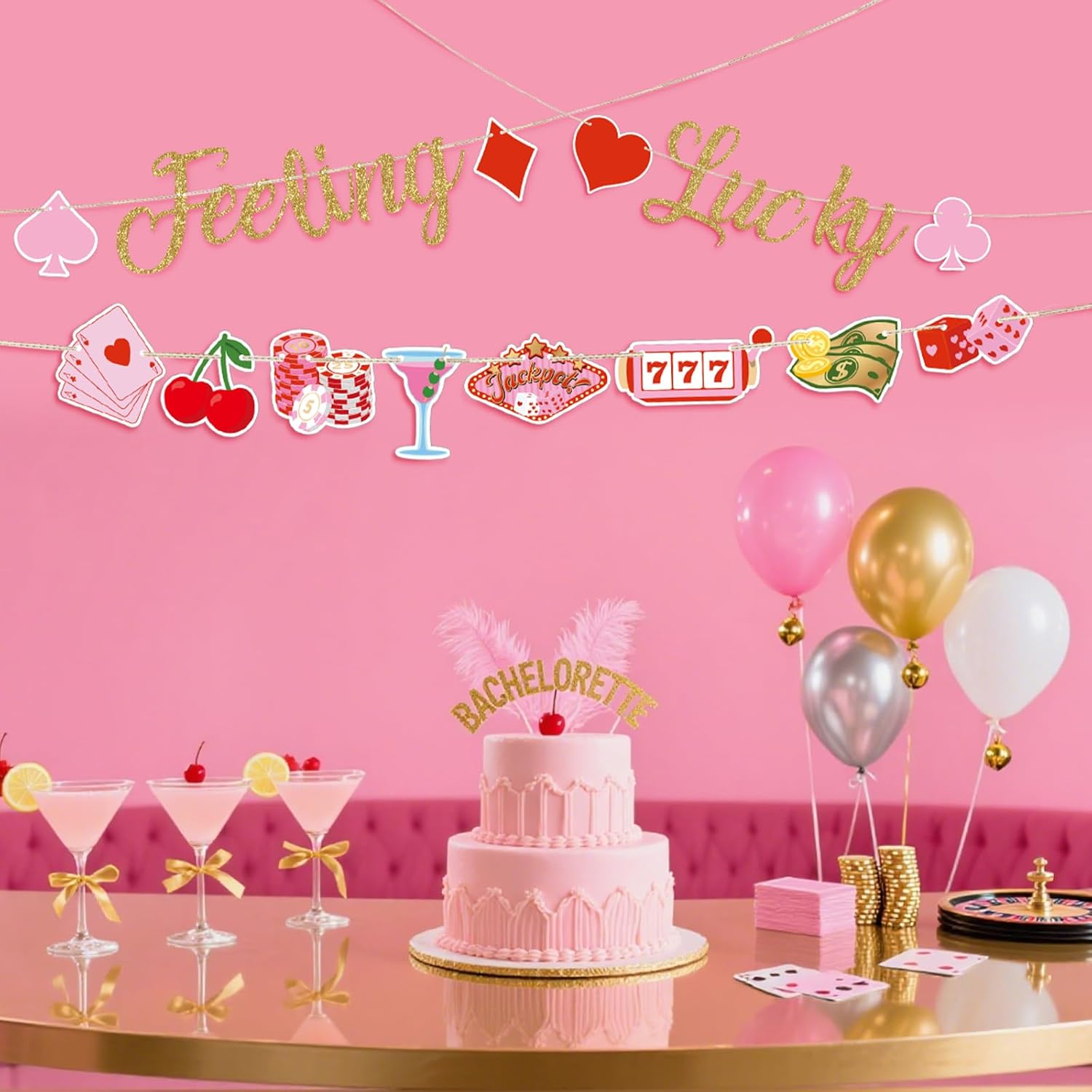 Epakh 3 Pcs Feeling Lucky Banners Casino Bachelorette Decoration Pink Red Gold Glitter Dice Poker Banner for Girls Las Vegas Casino Night Birthday Party Decoration Supplies