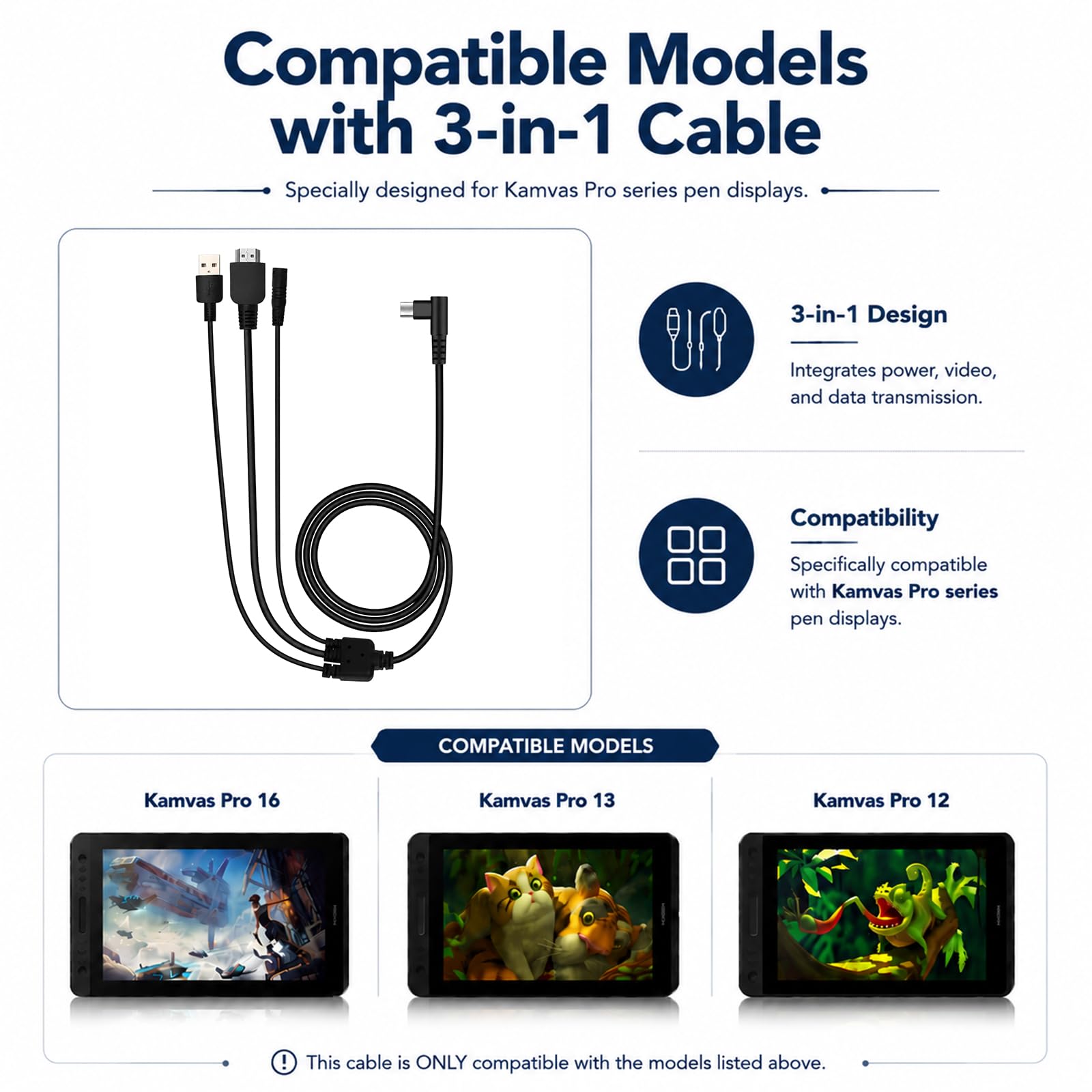 Cable 3 en 1 solo para monitor de dibujo gráfico Huion KAMVAS Pro 12/13/16