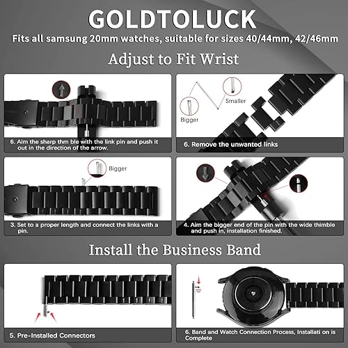 Vista 7 de GOLDTOLUCK Stainless Steel Band Compatible with Samsung Galaxy Watch 8 7 6 5 4 Classic FE Pro 40mm 44mm 46mm 43mm 47mm 45mm 42mm 20mm Men Women Negro