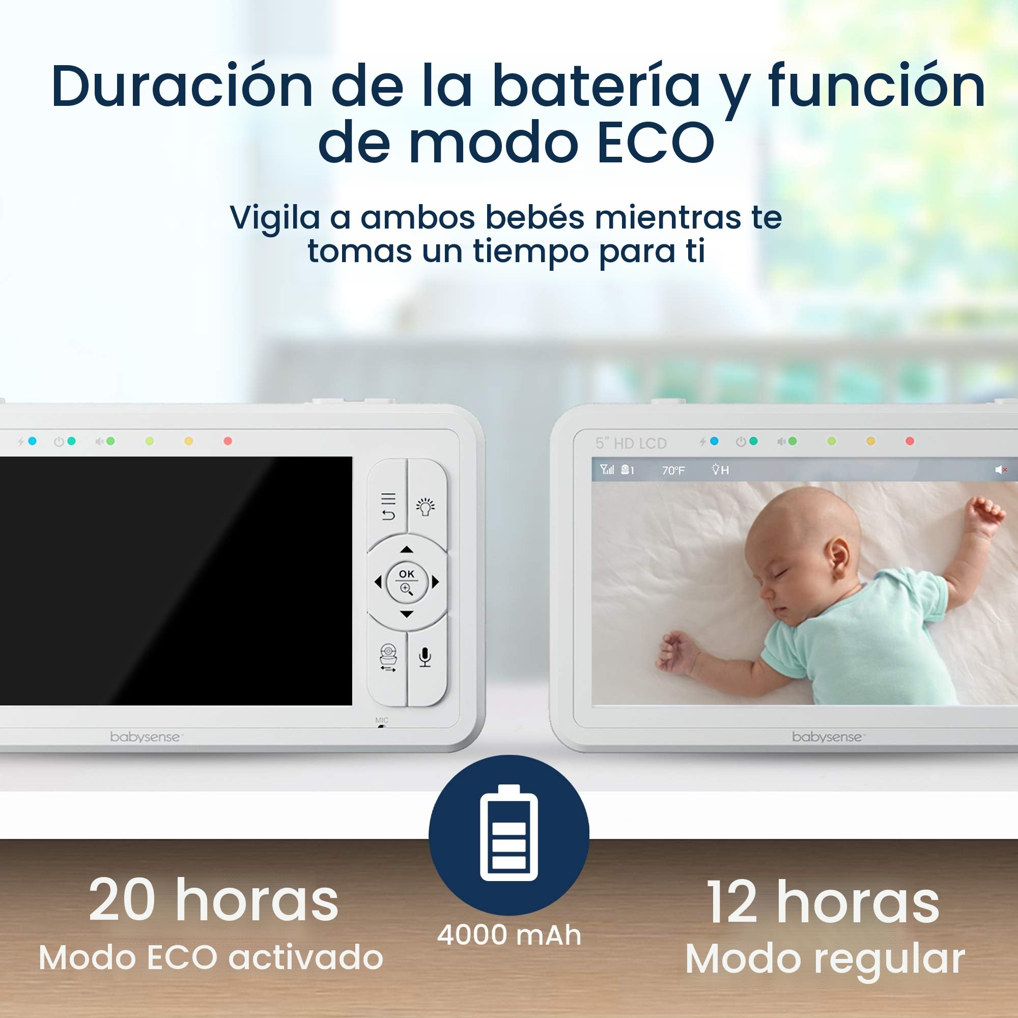 Babysense HDS2 Monitor de Vídeo para Bebé con Cámara y Audio, Vigilabebés de 5" HD 720p, sin WiFi, Luz Nocturna Ajustable, Alcance Extendido, Audio Bidireccional, Zoom 4X, Visión Nocturna, Batería