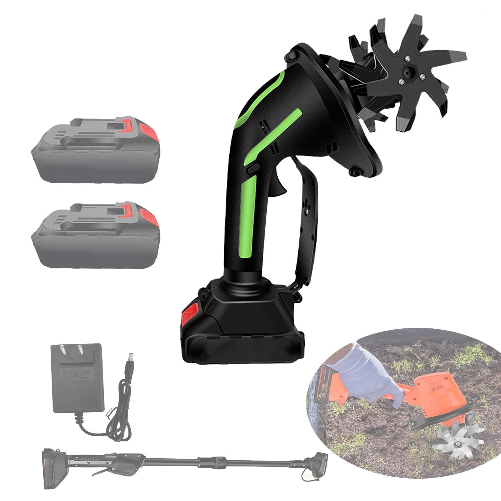 Pnpaea 21V Cordless Handheld Cultivator,Electric Tiller 550W Electric Garden Rotavator with 10cm Tilling Depth and 10cm Tilling Width,with 4 Rows Tines,for Lawn Green-withPole