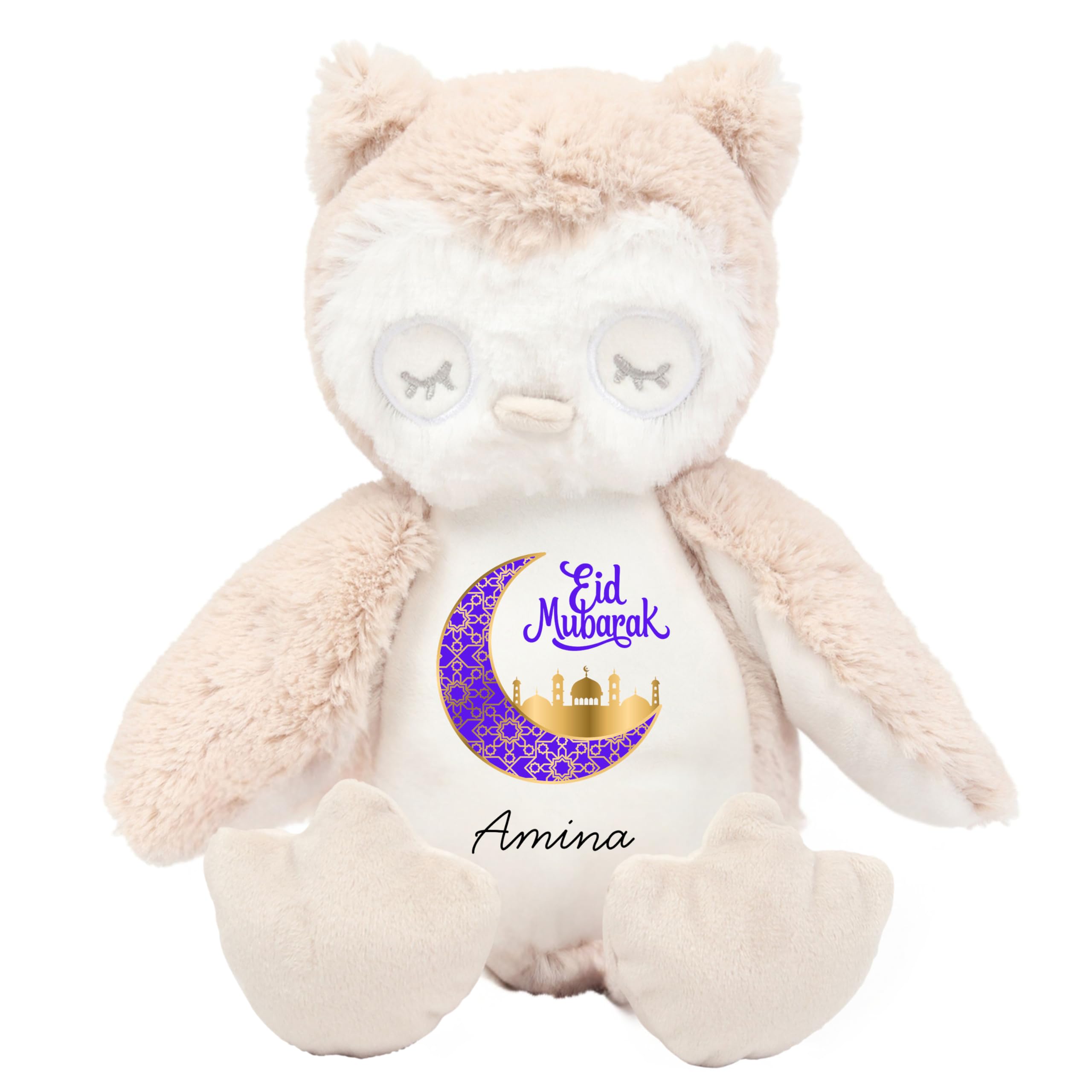 HotScamp Eid Gift Cuddly Toy - Personalised Eid Mubarak Purple Moon Customised Teddy Kids Plush Named Ramadan My First Muslim Islamic Baby Child Soft Plushie - Brown Owl