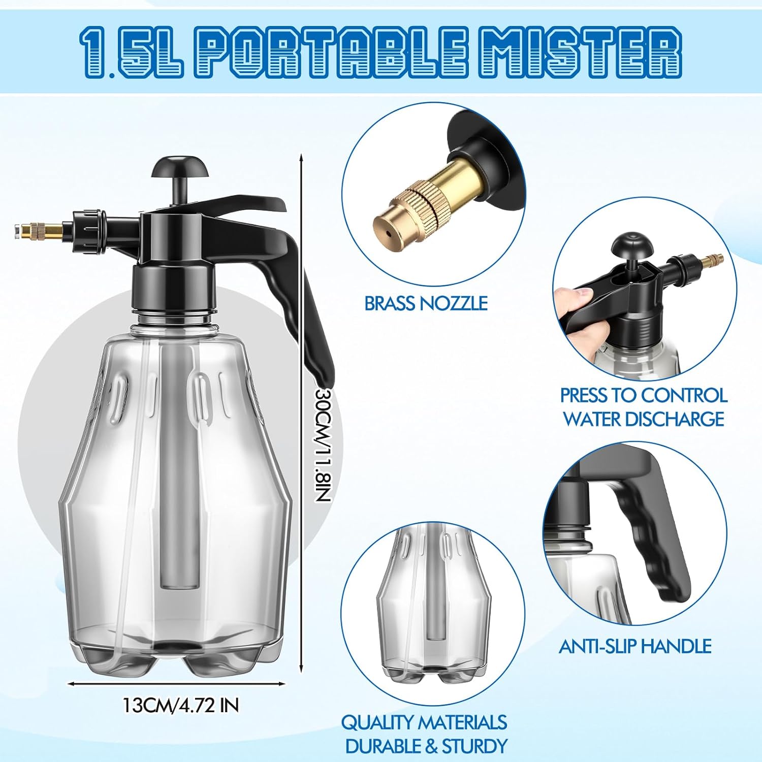 2 Pcs 1.5 Liter Misters Spray Pump Bottle with Full Neoprene Jacket and Built in Carrying Strap Garden Plant Mister Spray Bottle for Spring Personal Cooling Plants Watering (Black)