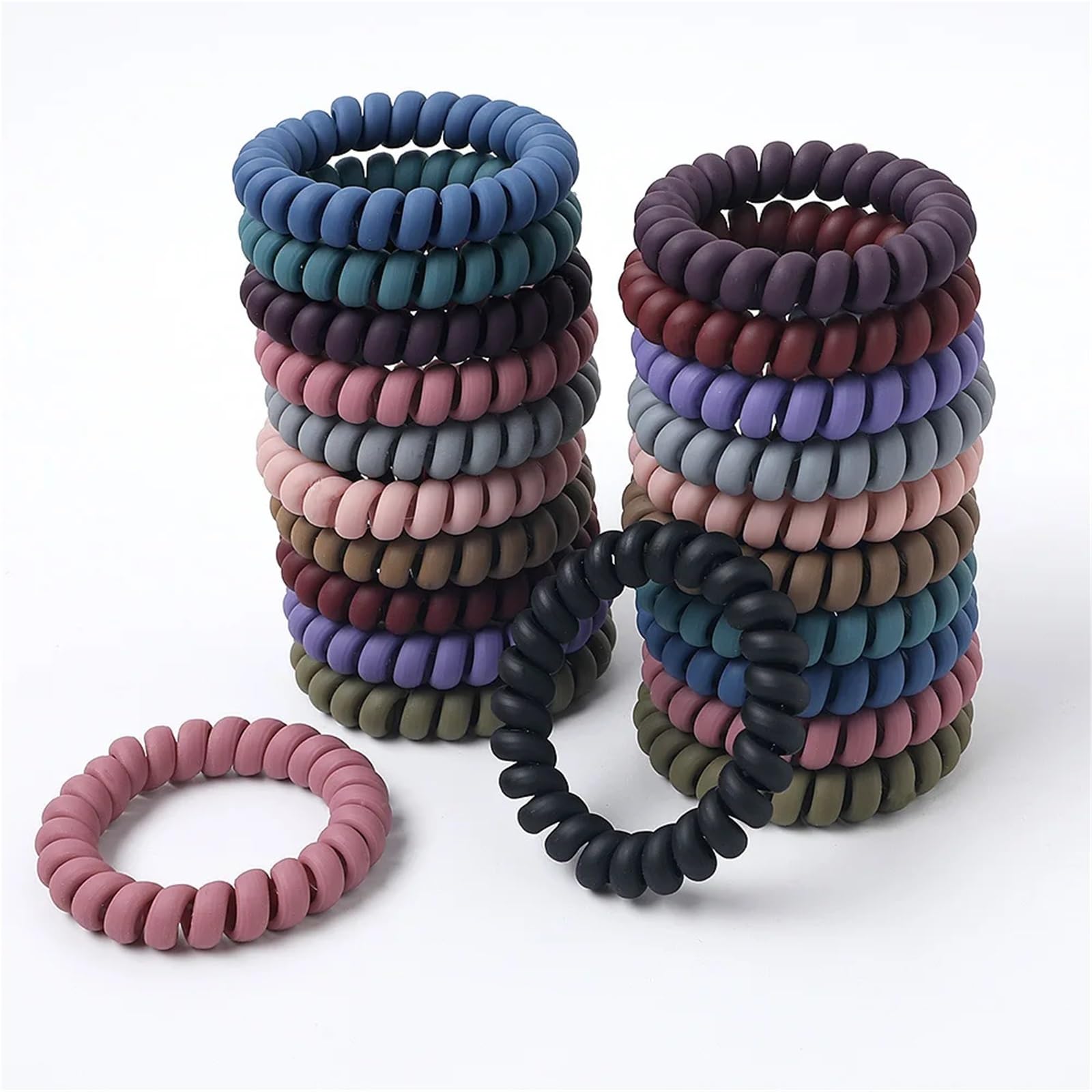 Elastici per capelli, 100 pezzi, satinati, opachi, in tinta unita, con filo telefonico, a spirale, colore: cachi