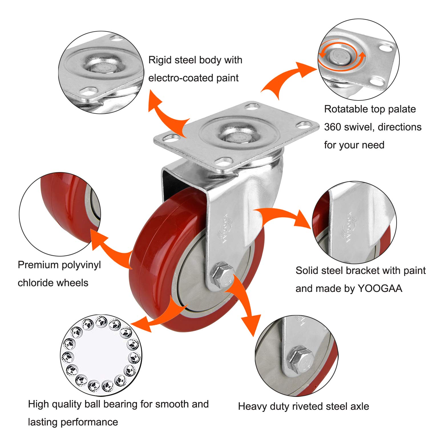 YOOGAA 4" Swivel Caster Wheels Heavy Duty Casters No Noise 360 Degree RotationTotal Capacity 1200lbs (Set of 4 Without Brake)
