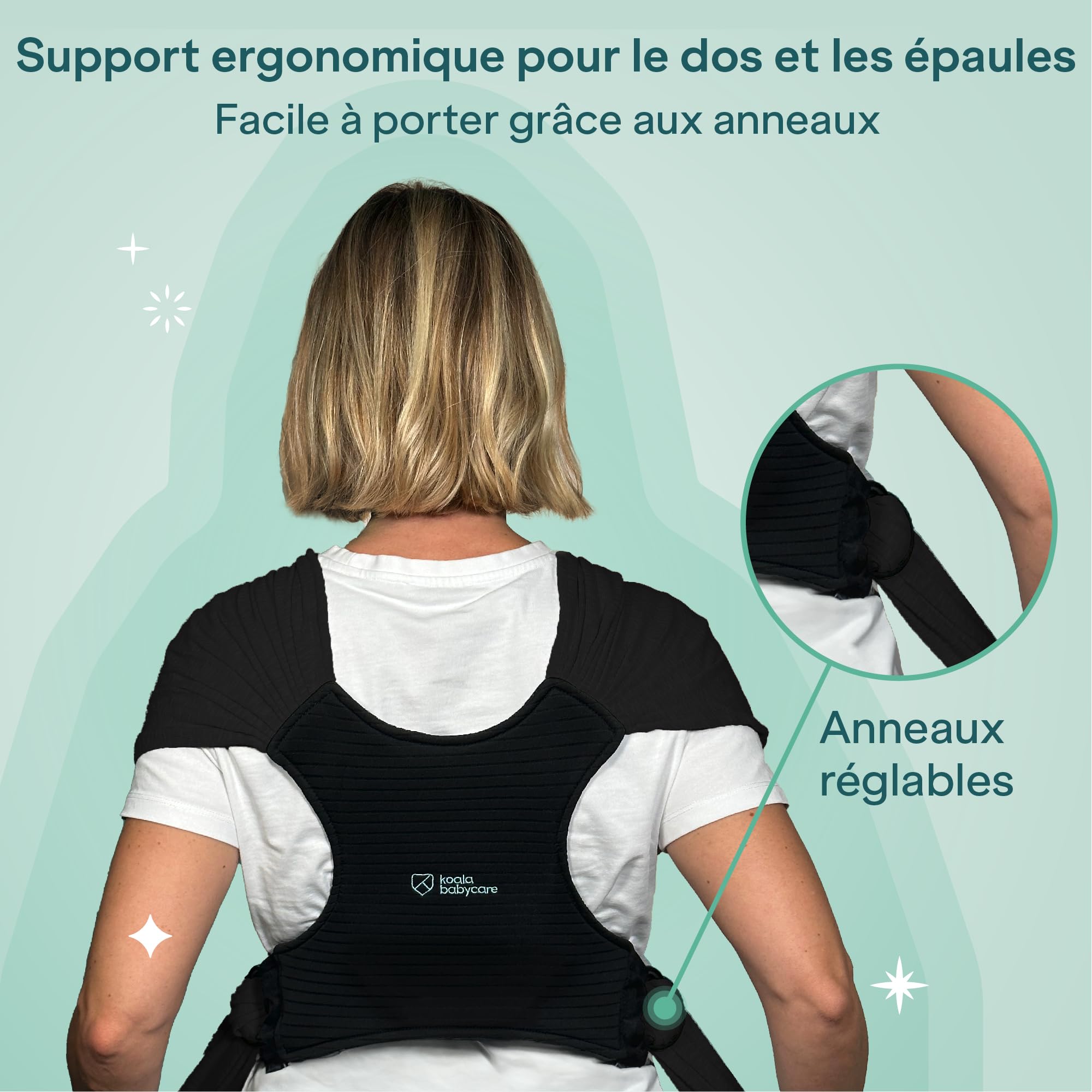 Koala Babycare Une écharpe de portage facile à enfiler, réglable, unisex - Porte-bébé multifonctionnel pour jusqu’à 9 kg - Noir - Design Enregistré KBC®