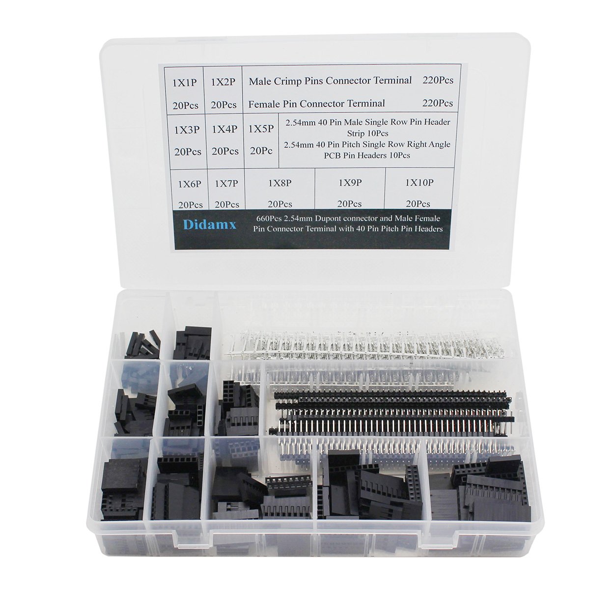 660Pcs 2.54mm Pitch 1-10 Pin Housing Connector and Male Female Crimp Pins with 40 Pin Header Compatible with Dupont Connector Kit