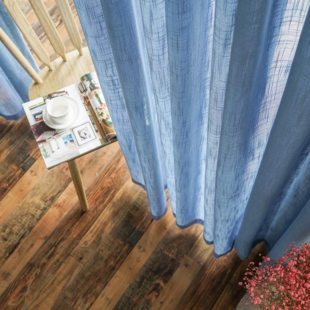 Couleur Unie Rideaux Voilage Lin Bleu Rideaux Voile Crayon Plissé 2 Panneaux Pour Salon Balcon Chambre À Coucher,Bleu,W135xL244cm