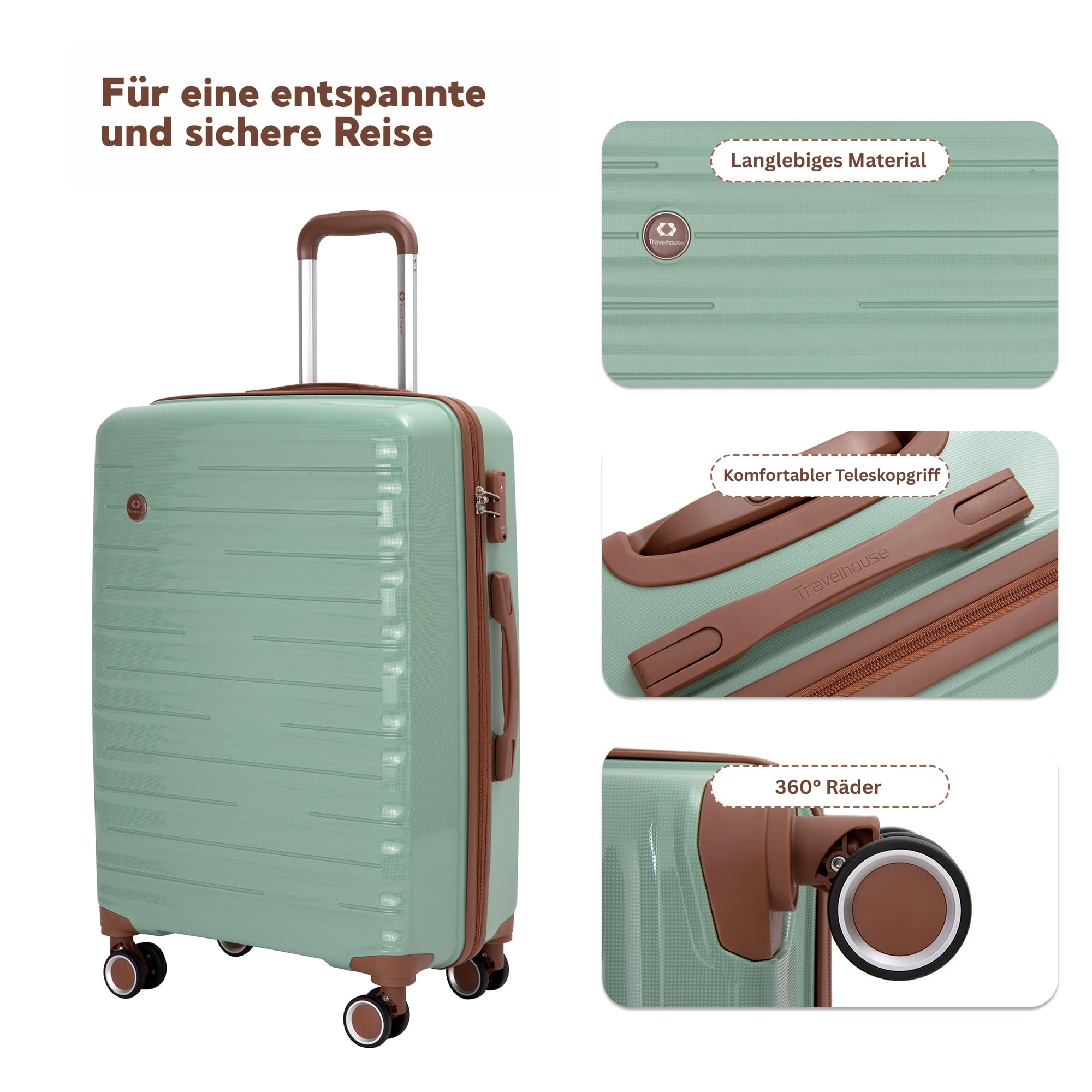 Travelhouse Ascona 5-częściowy zestaw bagażu, walizka na kółkach, poliwęglan + twarda obudowa ABS, torba podróżna i kosmetyczka, zestaw bagażu podręcznego, ciemnozielony, S, M, L, Zestaw walizek