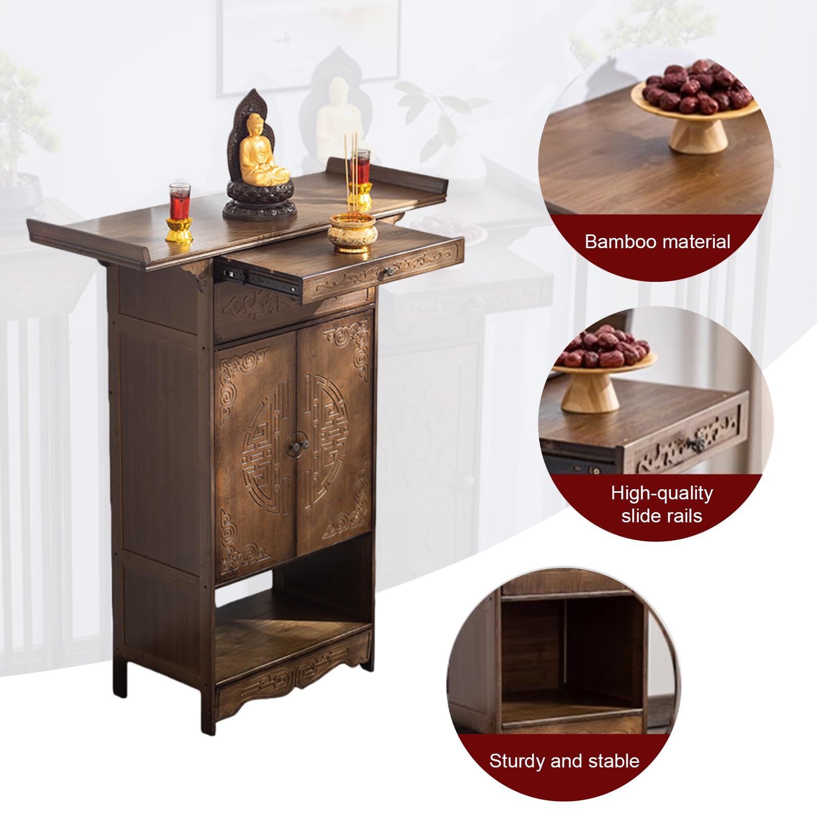 Tavolo da altare per meditazione con contenitore, design bordo e cassetto, ideale per pratiche spirituali e decorazioni, costruzione in legno