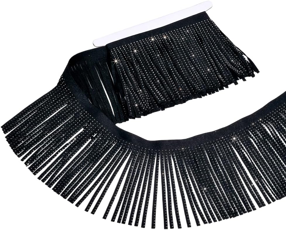 PH PandaHall 2 Yards Beaded Velvet Tassel Trim 5.7inch Faux Suede Fringe Trim Black Fringe Trimming Sewing Rhinestone Faux Leather Tassel Ribbon for Sewing Craft Garment Handbag Hem Accessories