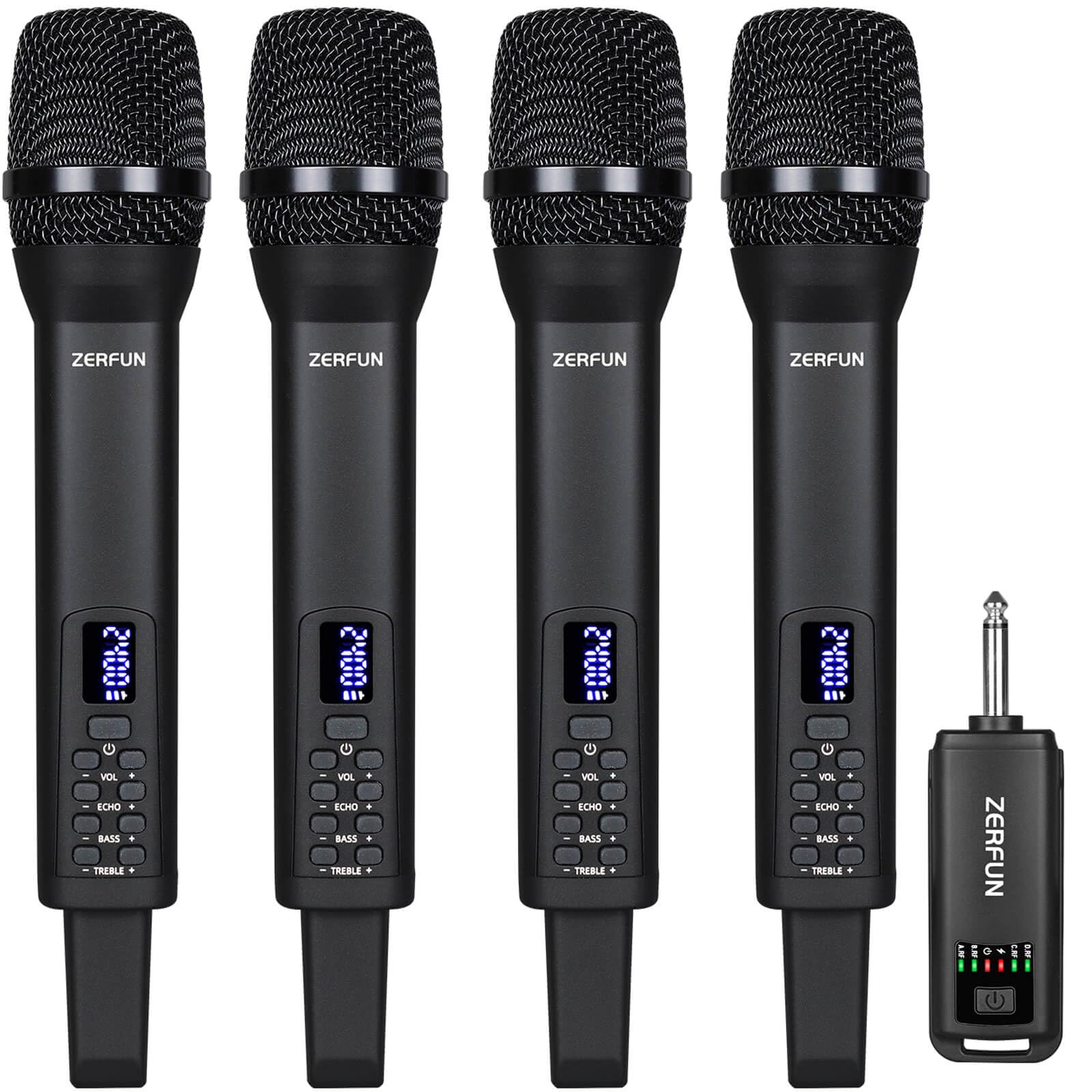 ZERFUN Rechargeable Wireless Microphones 4, Pro Handheld Cordless Mics System Dynamic with Echo Treble BASS VOL Control for Karaoke Singing Church Party, 1/4'' Output, D240, Black