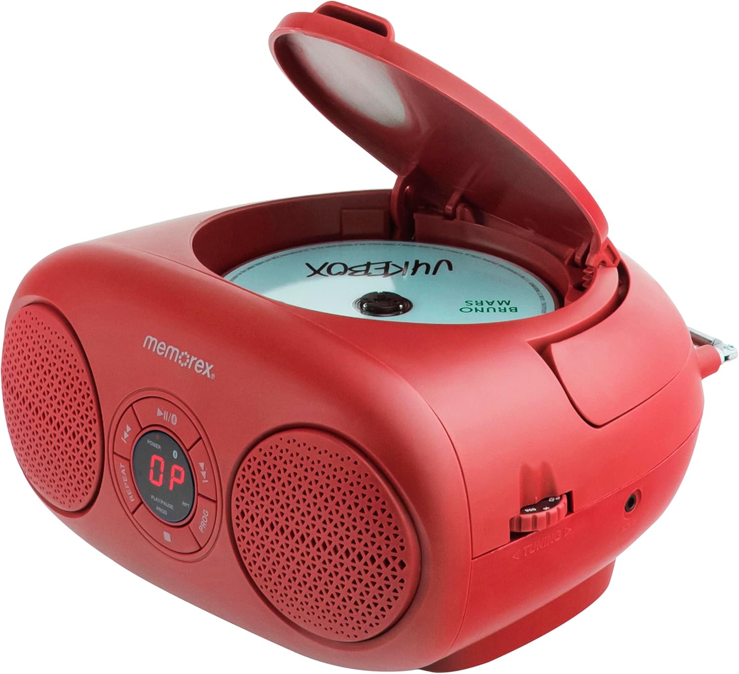 Top-loading CD compartment open on the Memorex MX-BCD20