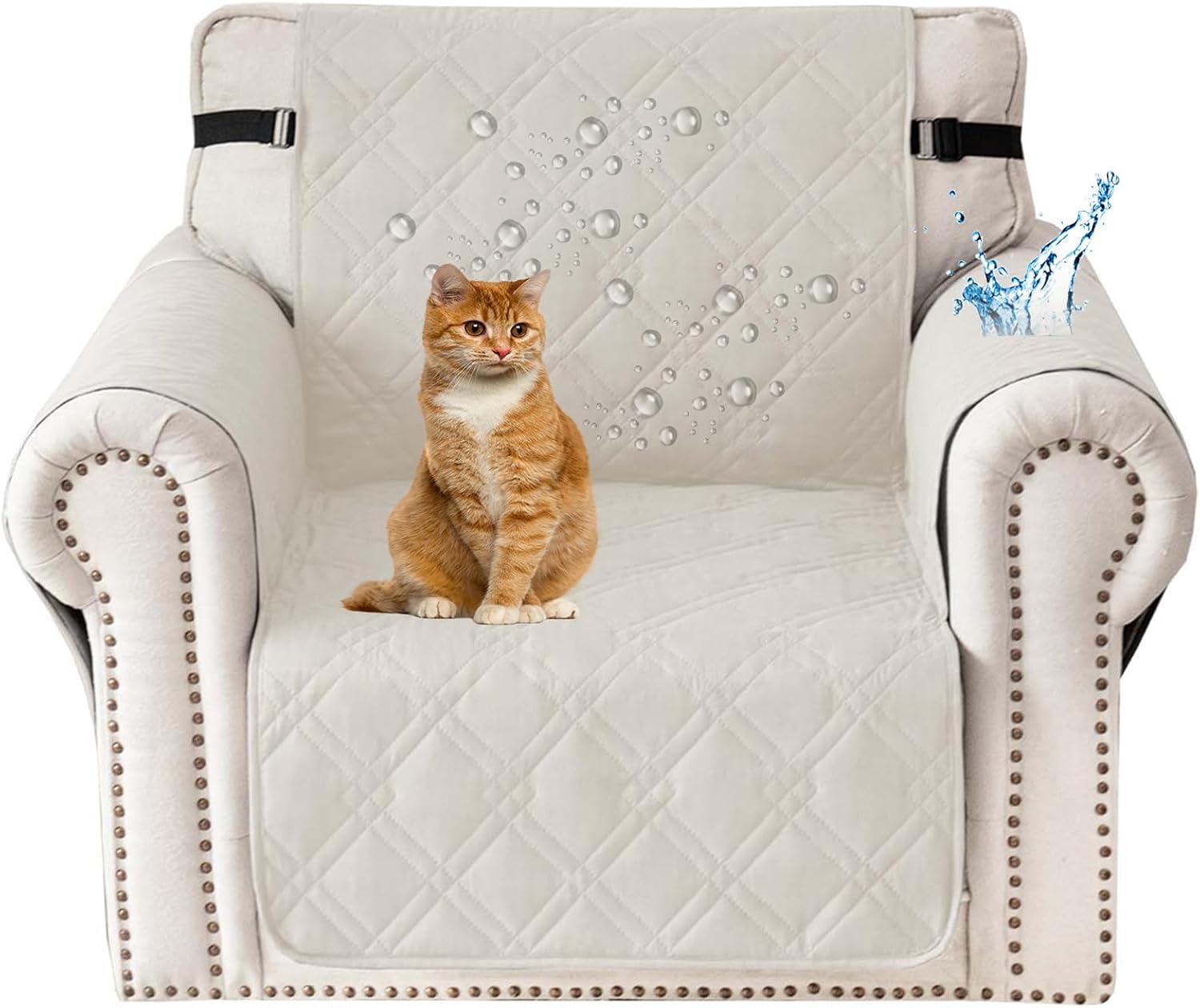 Quilted Sofa Cover 1 2 3 Seater, Waterproof and Non-Slip Sofa Slipcovers Protectors Couch Covers Adjustable Elastic Strap for Kids Dogs (Ivory White,Chair)