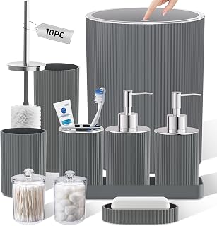 Grey Bathroom Accessories Set, 10PC Bathroom Set | Bath Accessory with Pop Up Trash Can, Soap Dispenser, Toilet Brush, Toothbrush Set Qtip Holders & Tray