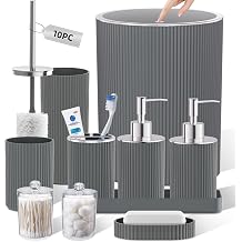 Grey Bathroom Accessories Set, 10PC Bathroom Set, Bath Accessory with Pop Up Trash Can, Soap Dispenser, Toilet Brush, Toothbrush Set Qtip Holders & Tray
