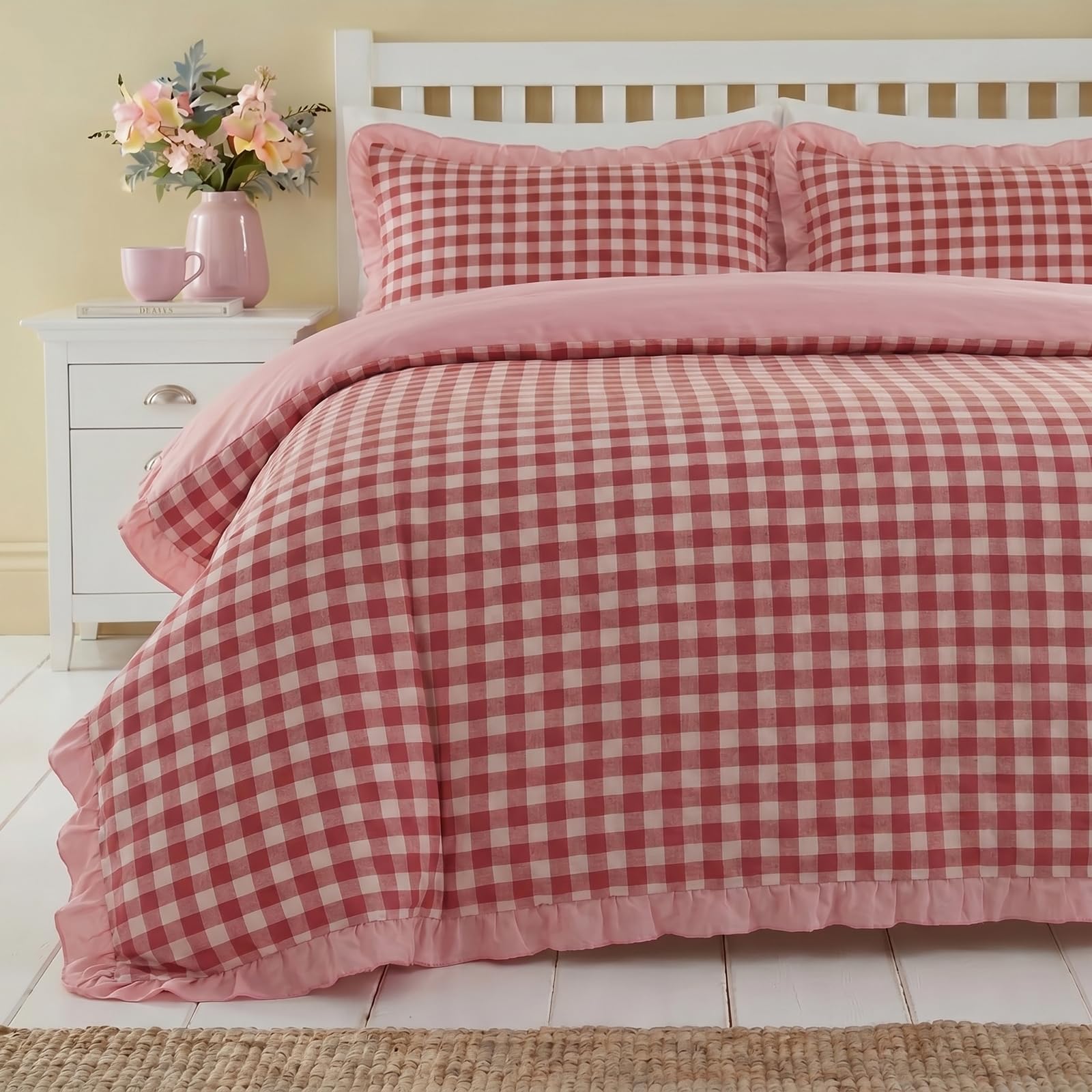 Herside Red Plaid Duvet Cover Set King 3pcs Ruffled Bedding Sets Checkered Grid Printed Soft Microfibre Bedding Set Cottage Quilt Cover with Zipper Closure & Corner Ties
